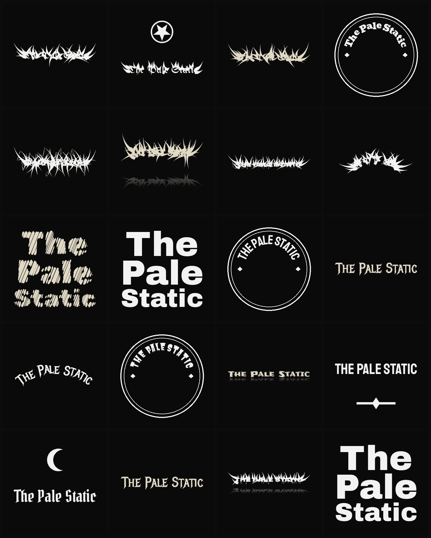 Twenty The Pale Static band logo ideas — different faces, treatments and spike settings
