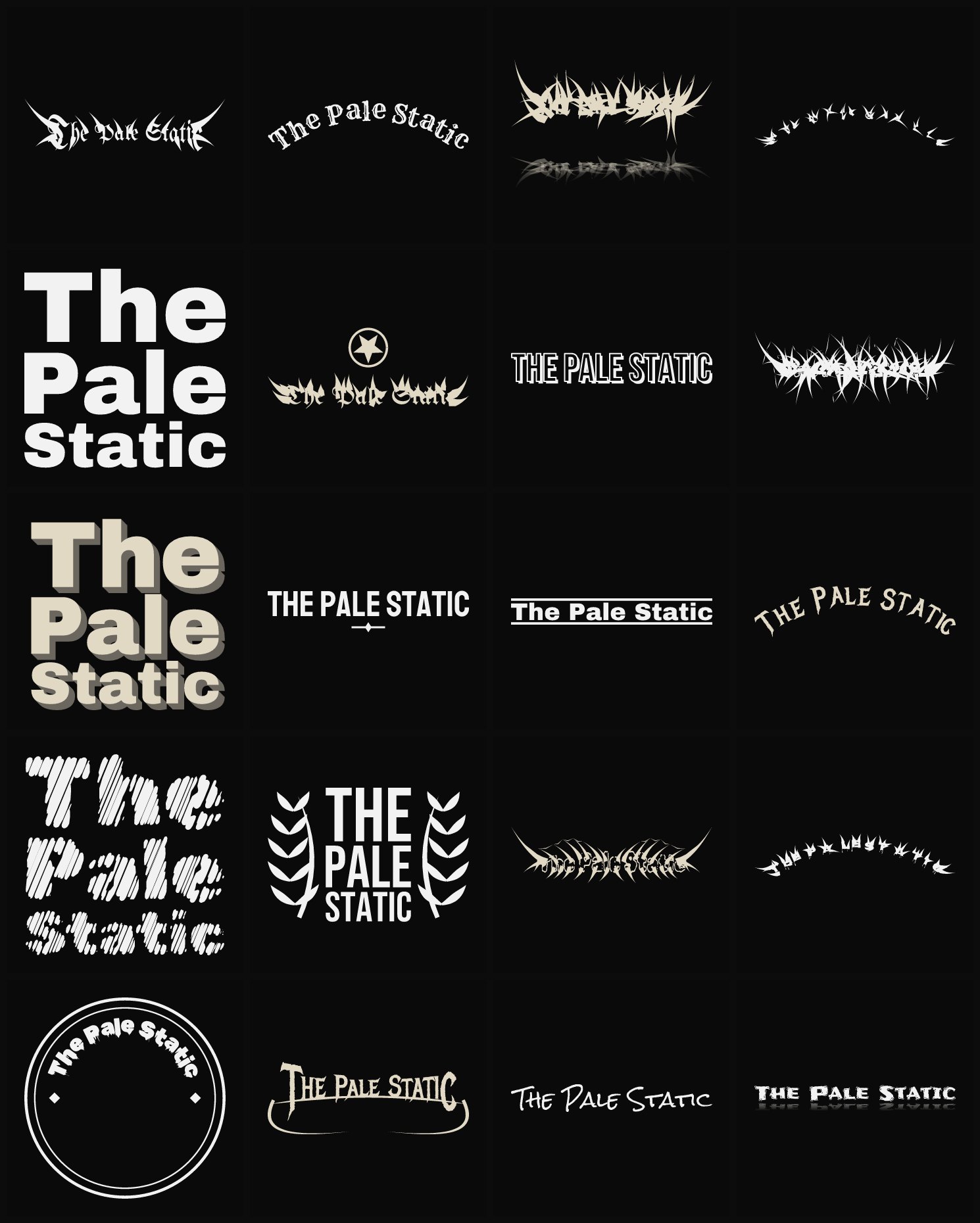 Twenty The Pale Static band logo ideas — different faces, treatments and spike settings