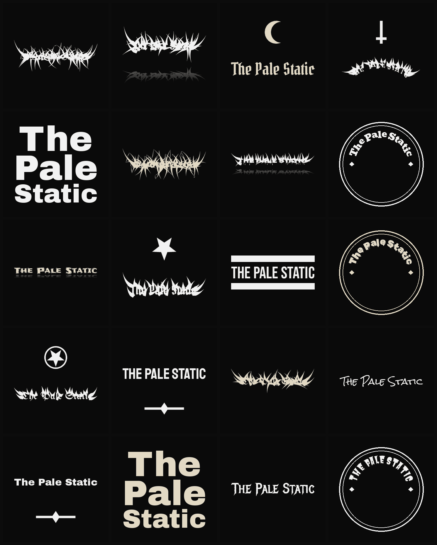 Twenty The Pale Static band logo ideas — different faces, treatments and spike settings