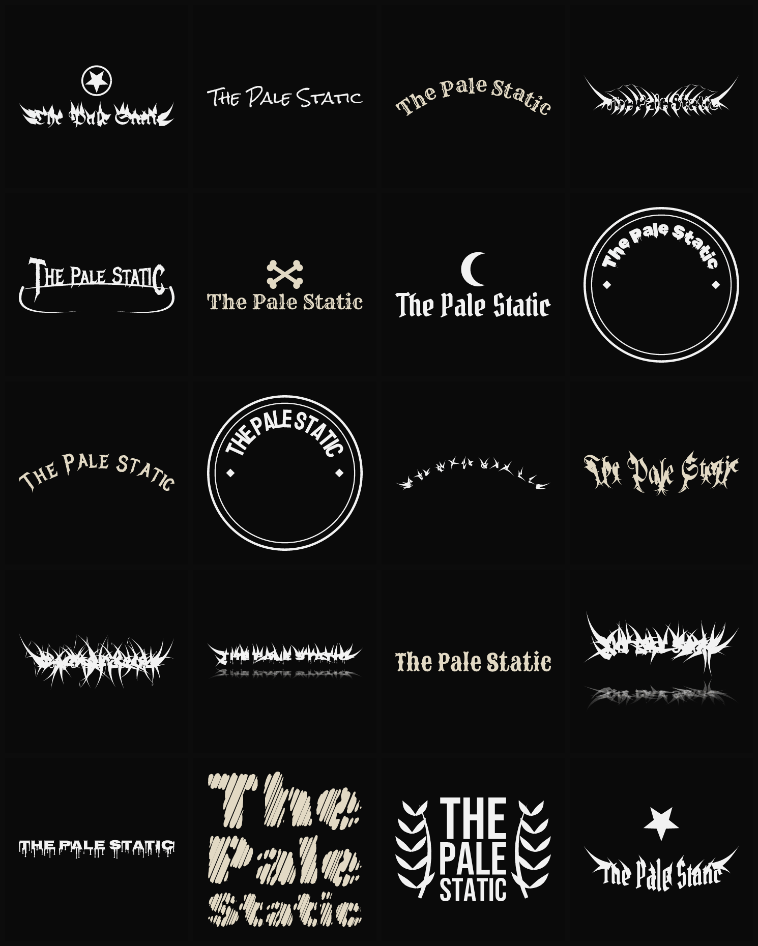 Twenty The Pale Static band logo ideas — different faces, treatments and spike settings