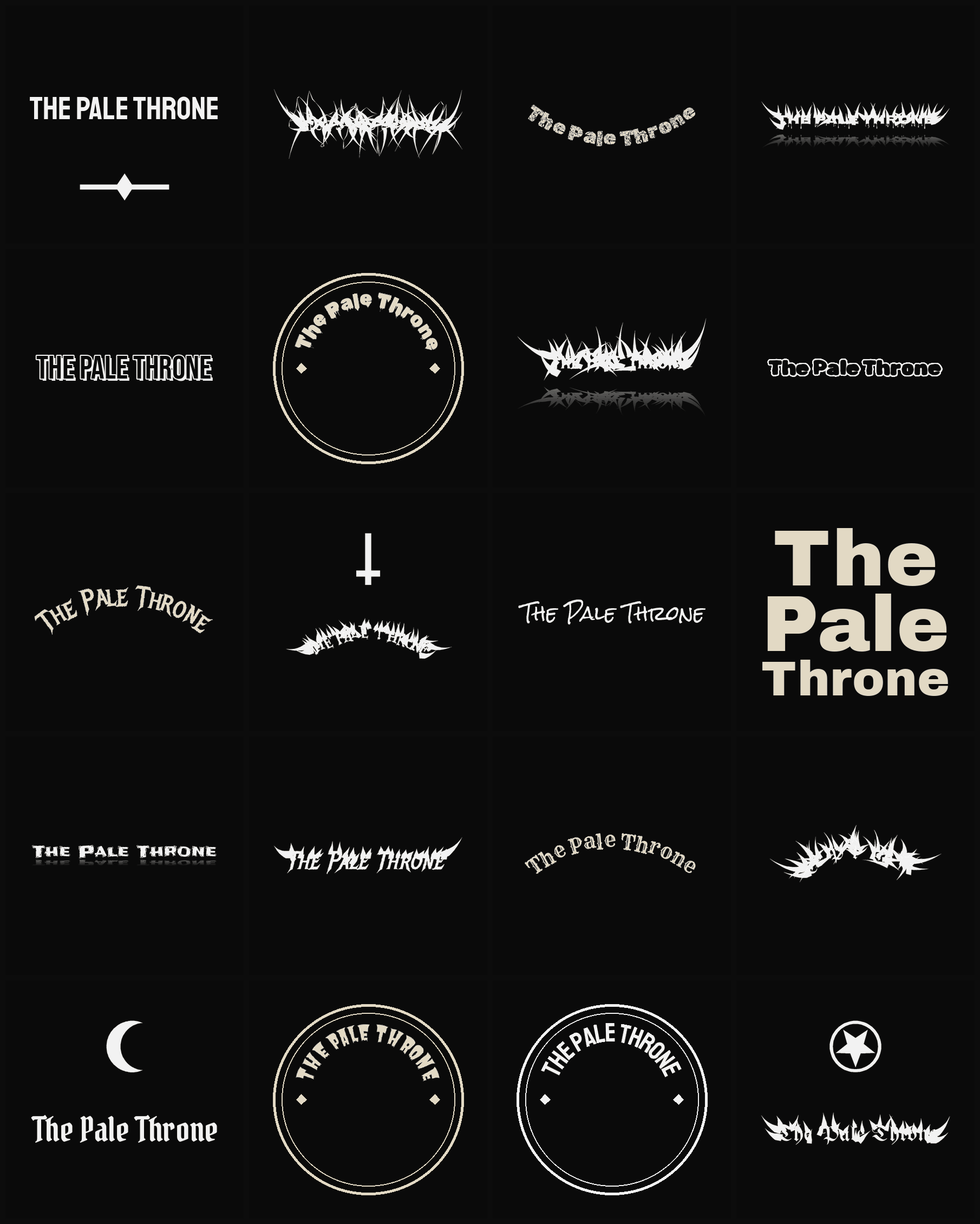 Twenty The Pale Throne band logo ideas — different faces, treatments and spike settings