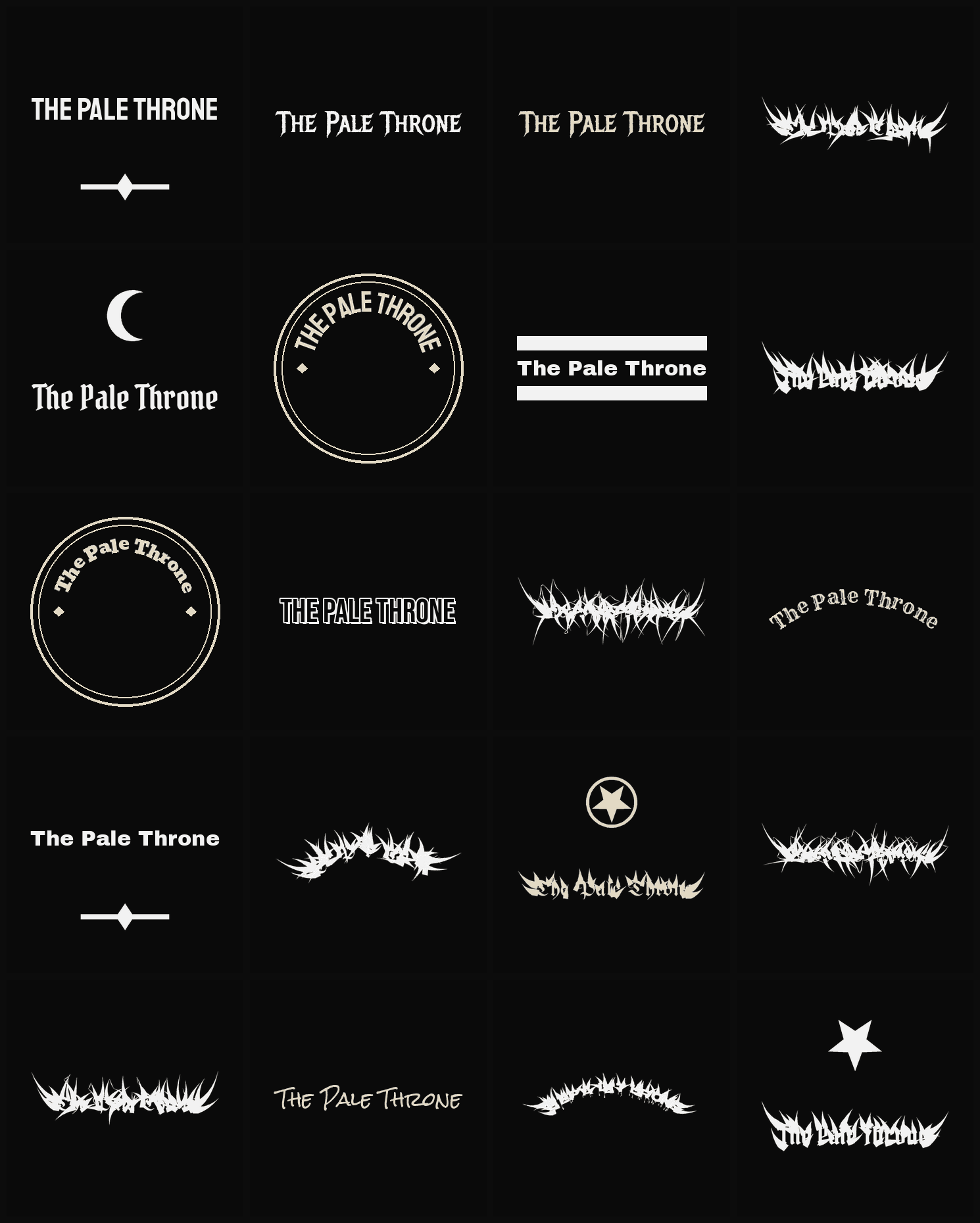 Twenty The Pale Throne band logo ideas — different faces, treatments and spike settings