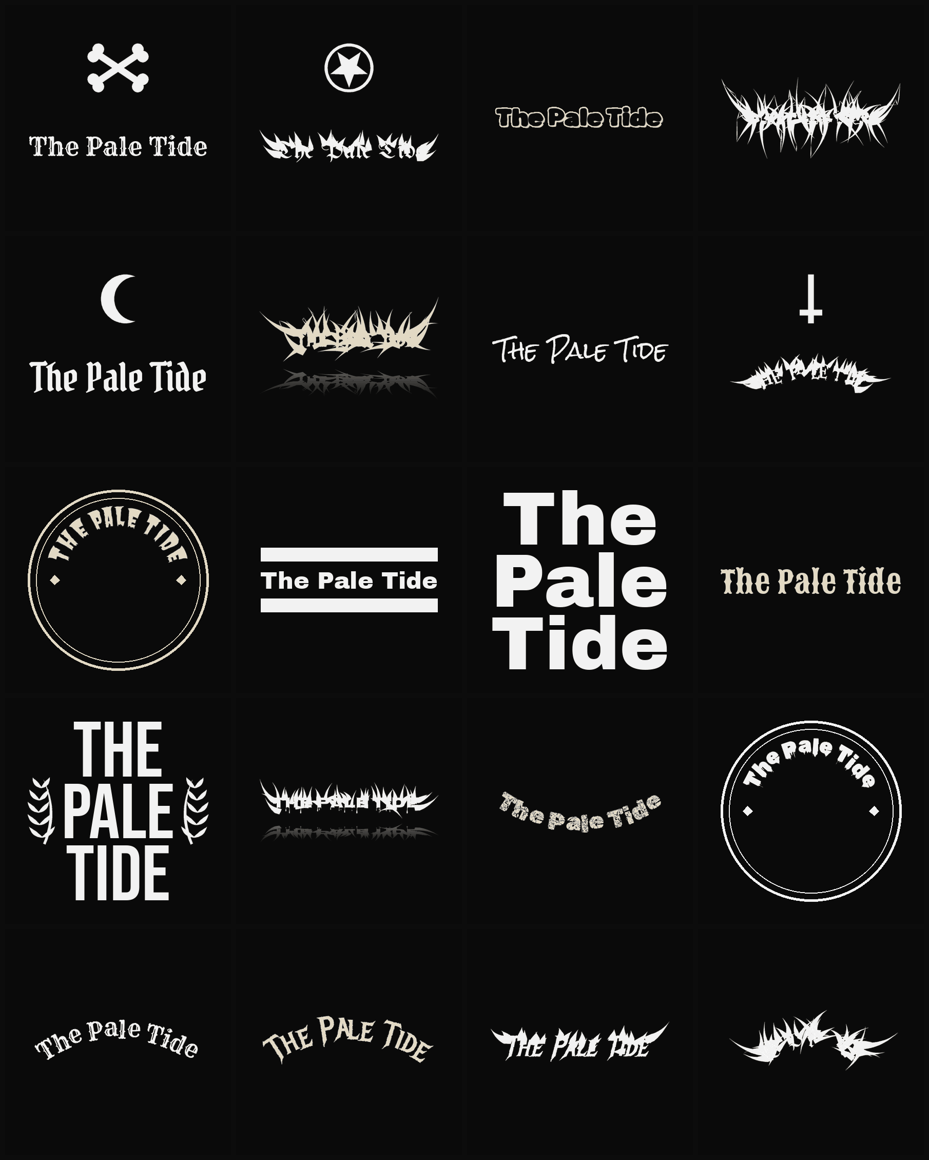 Twenty The Pale Tide band logo ideas — different faces, treatments and spike settings