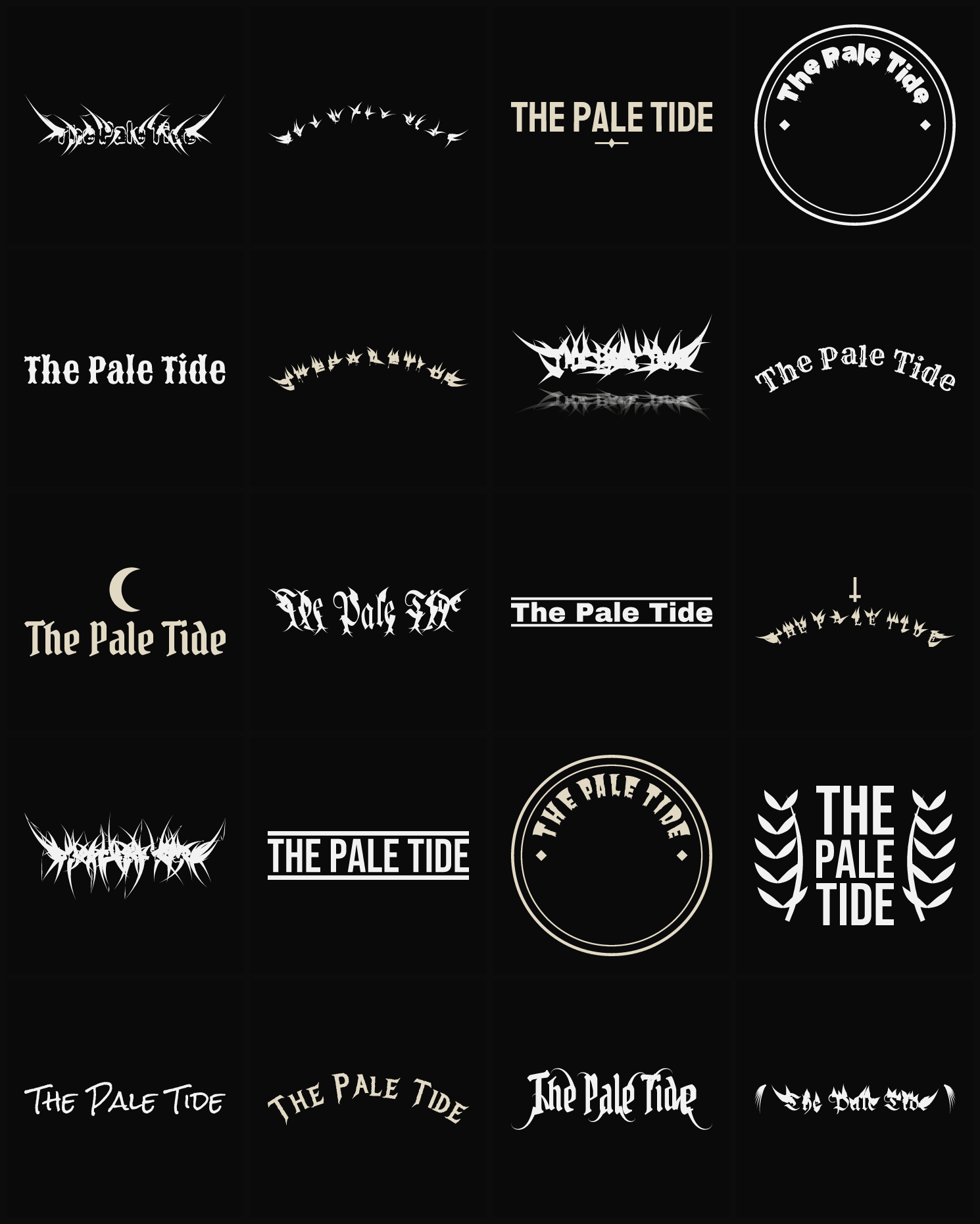 Twenty The Pale Tide band logo ideas — different faces, treatments and spike settings