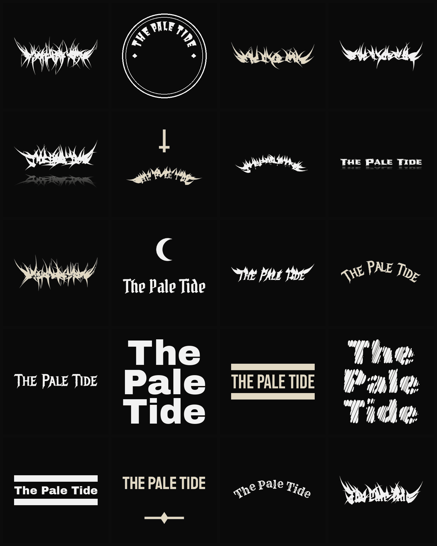 Twenty The Pale Tide band logo ideas — different faces, treatments and spike settings