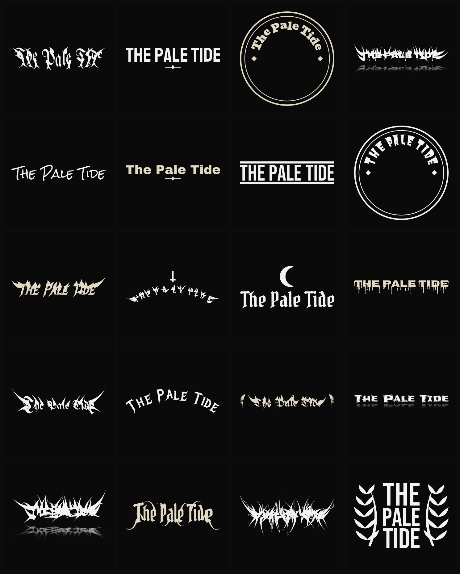 Twenty The Pale Tide band logo ideas — different faces, treatments and spike settings