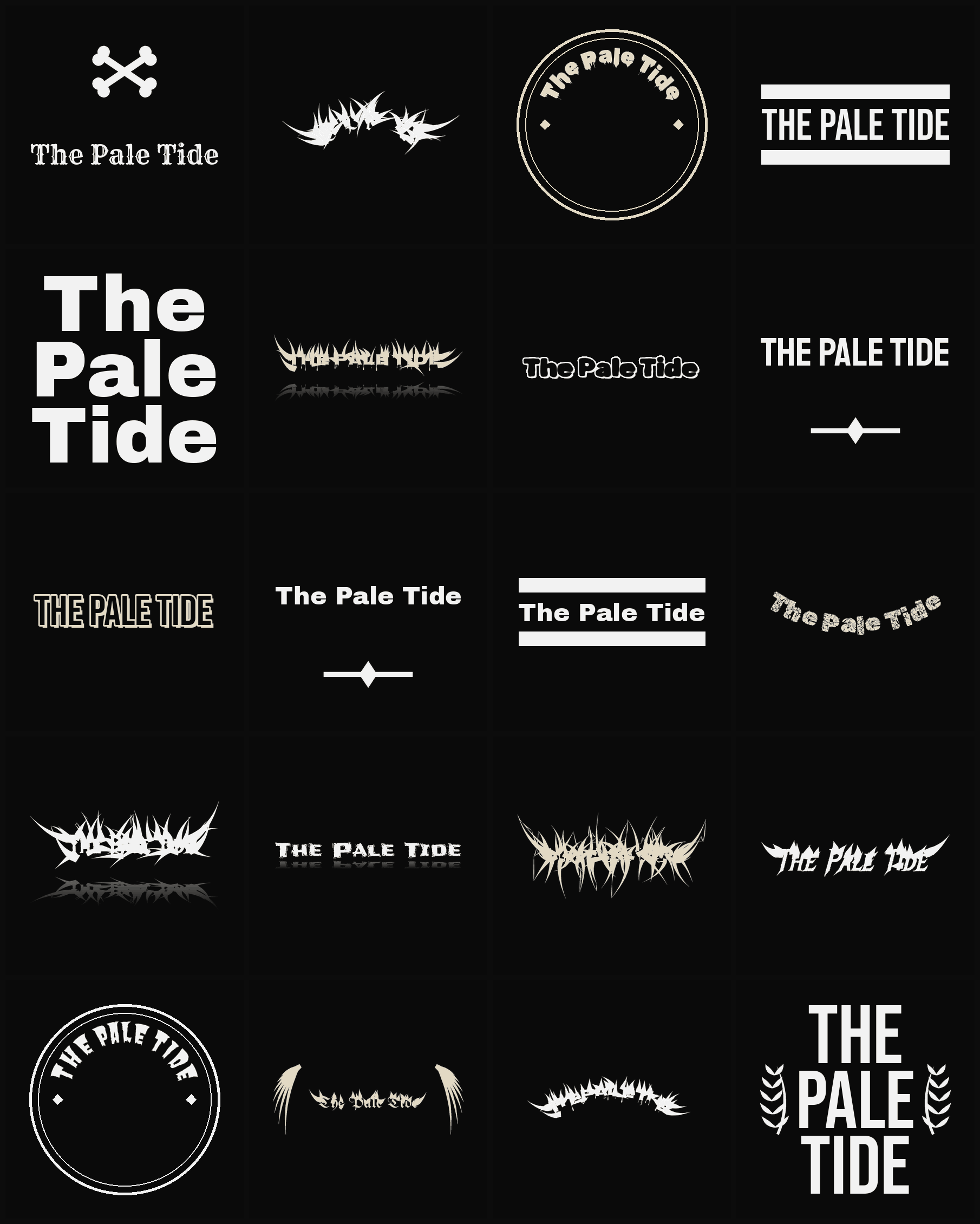 Twenty The Pale Tide band logo ideas — different faces, treatments and spike settings