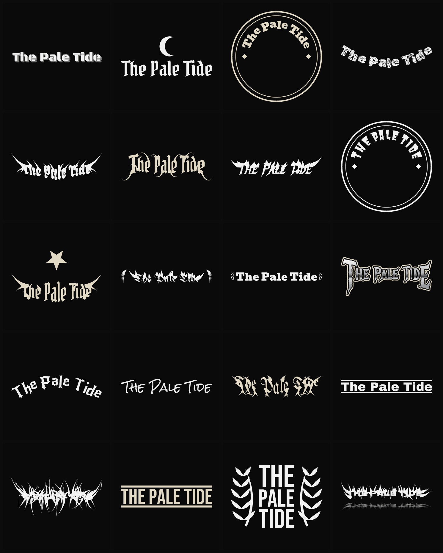 Twenty The Pale Tide band logo ideas — different faces, treatments and spike settings