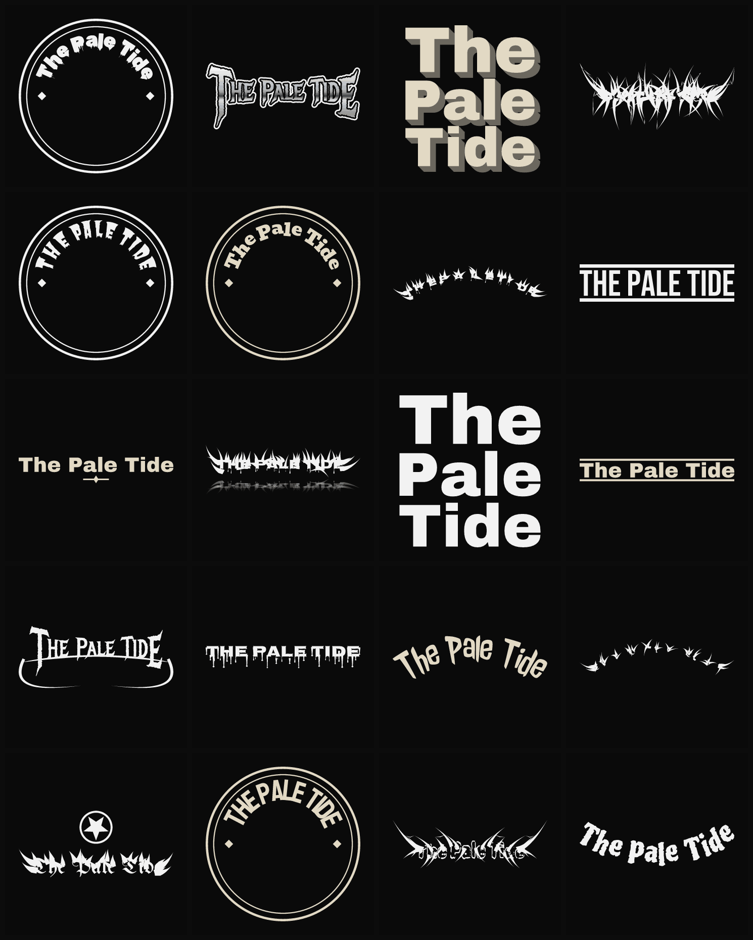 Twenty The Pale Tide band logo ideas — different faces, treatments and spike settings