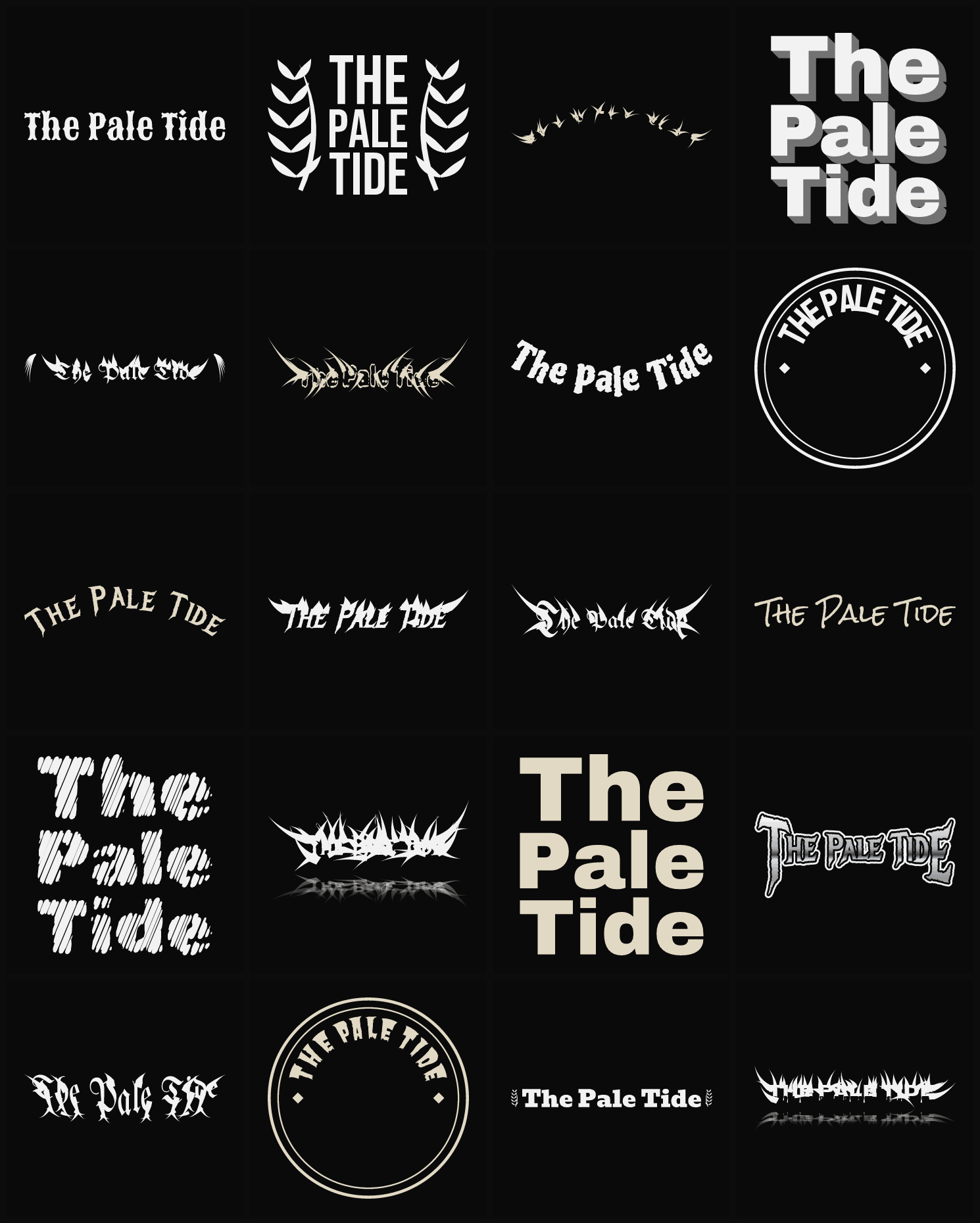 Twenty The Pale Tide band logo ideas — different faces, treatments and spike settings