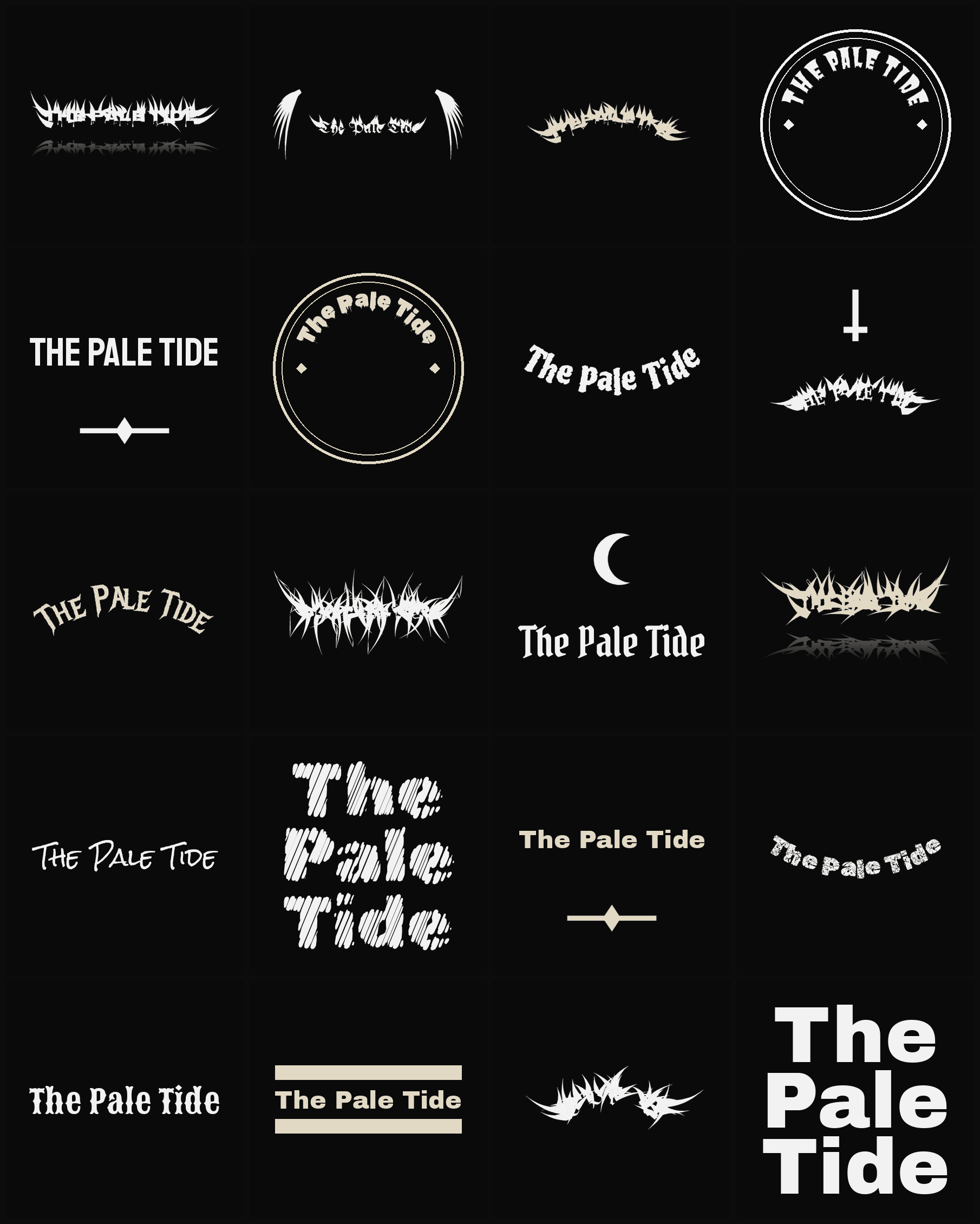 Twenty The Pale Tide band logo ideas — different faces, treatments and spike settings