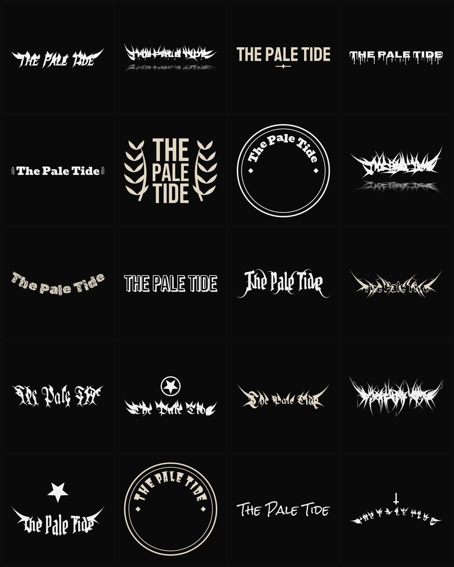 Twenty The Pale Tide band logo ideas — different faces, treatments and spike settings