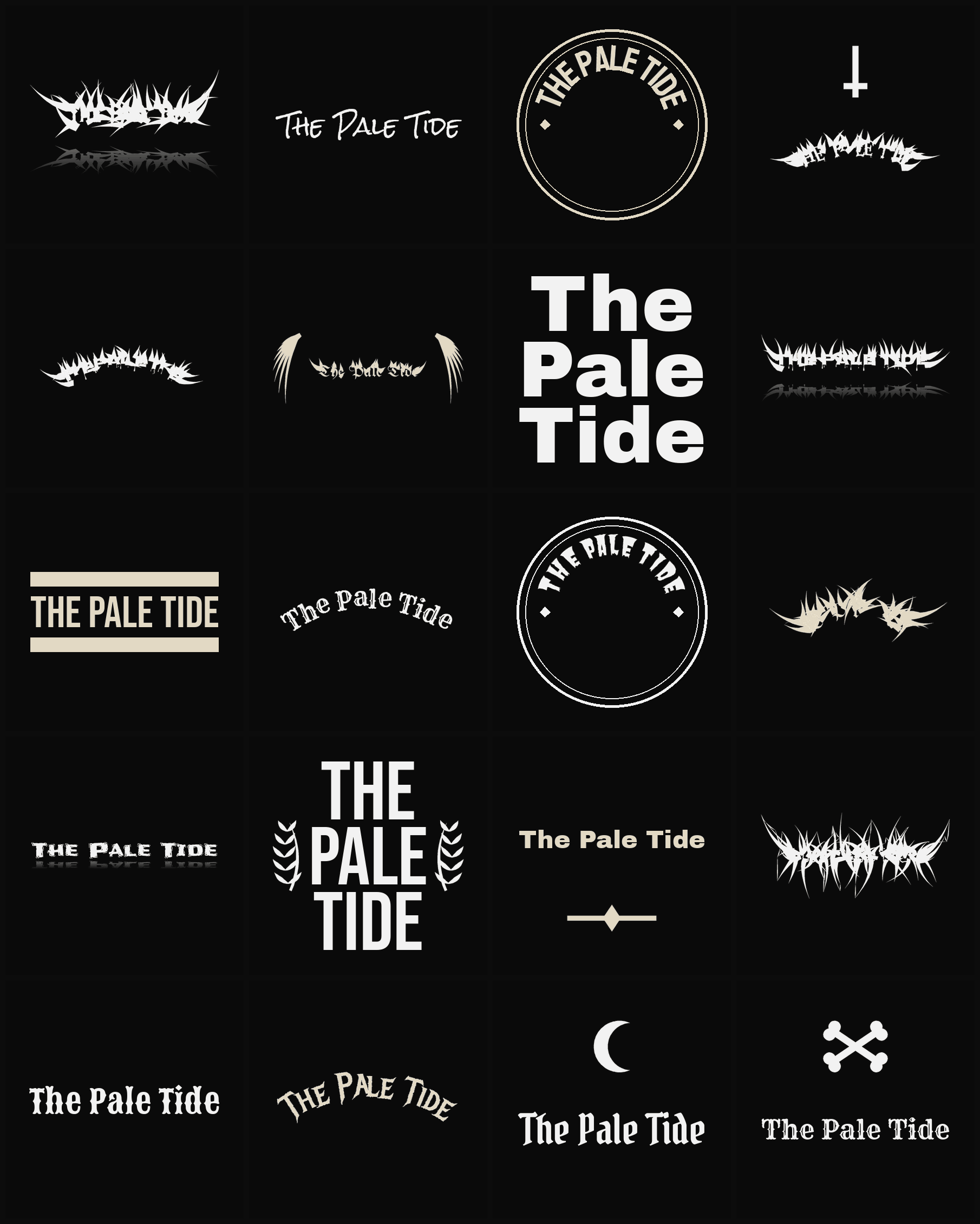 Twenty The Pale Tide band logo ideas — different faces, treatments and spike settings