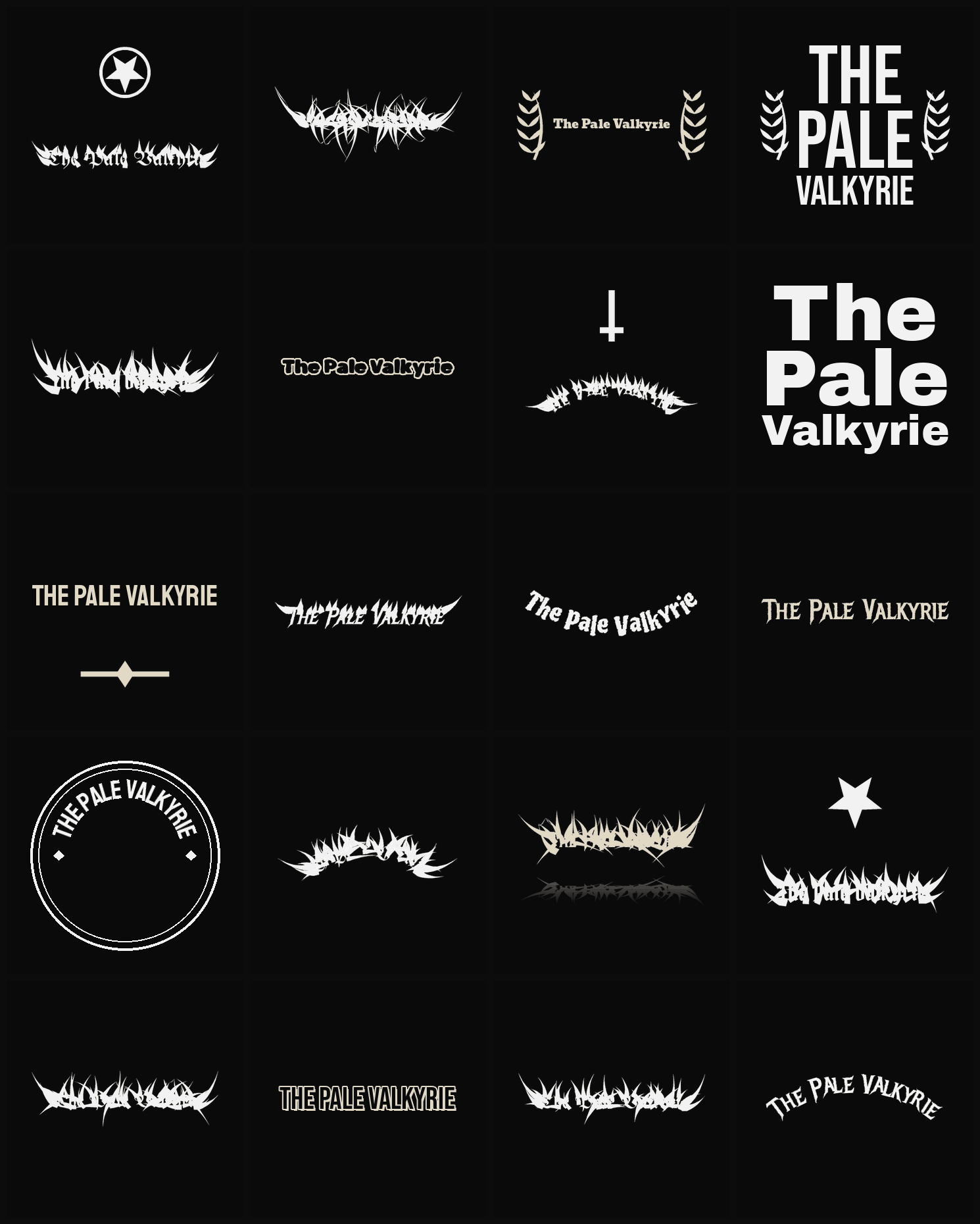 Twenty The Pale Valkyrie band logo ideas — different faces, treatments and spike settings