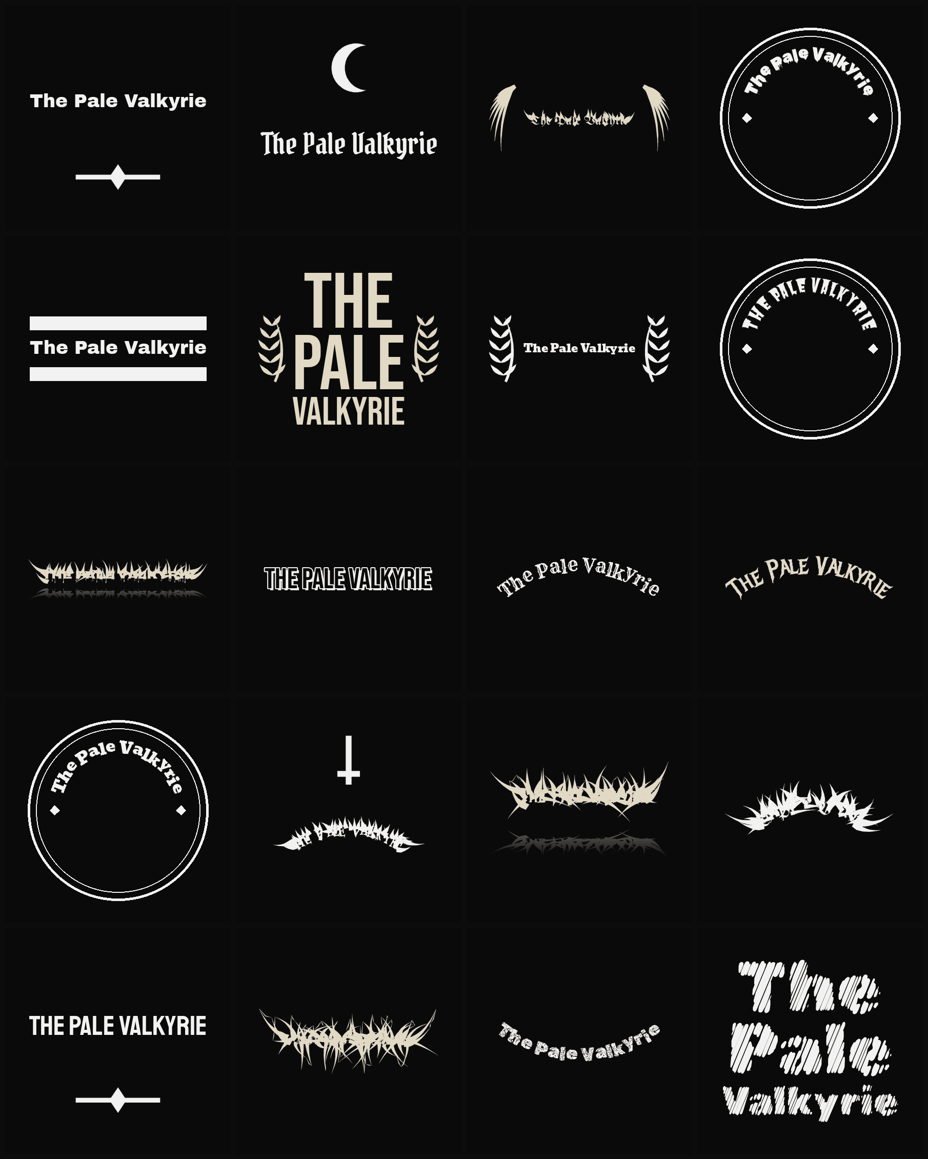 Twenty The Pale Valkyrie band logo ideas — different faces, treatments and spike settings