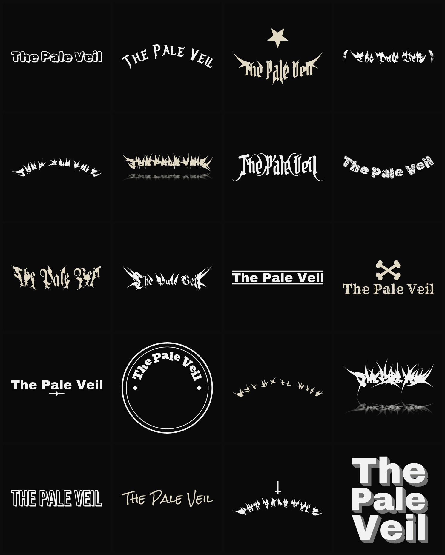 Twenty The Pale Veil band logo ideas — different faces, treatments and spike settings