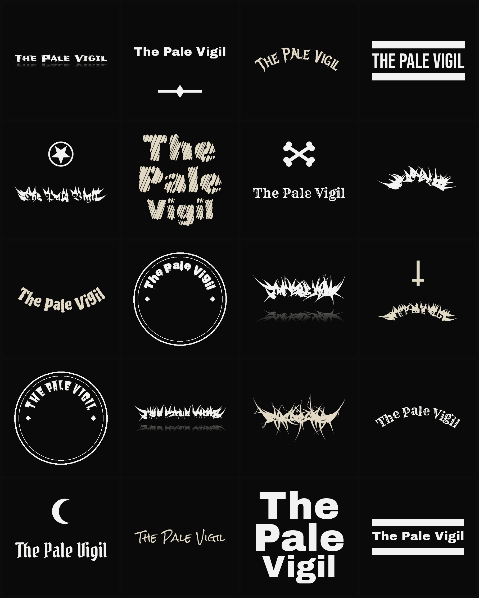 Twenty The Pale Vigil band logo ideas — different faces, treatments and spike settings