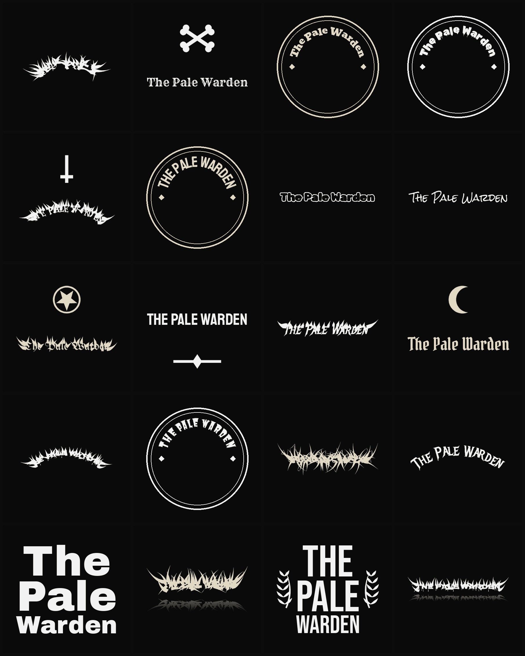 Twenty The Pale Warden band logo ideas — different faces, treatments and spike settings
