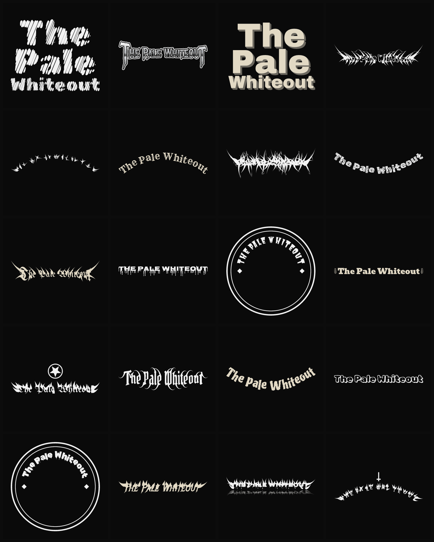 Twenty The Pale Whiteout band logo ideas — different faces, treatments and spike settings