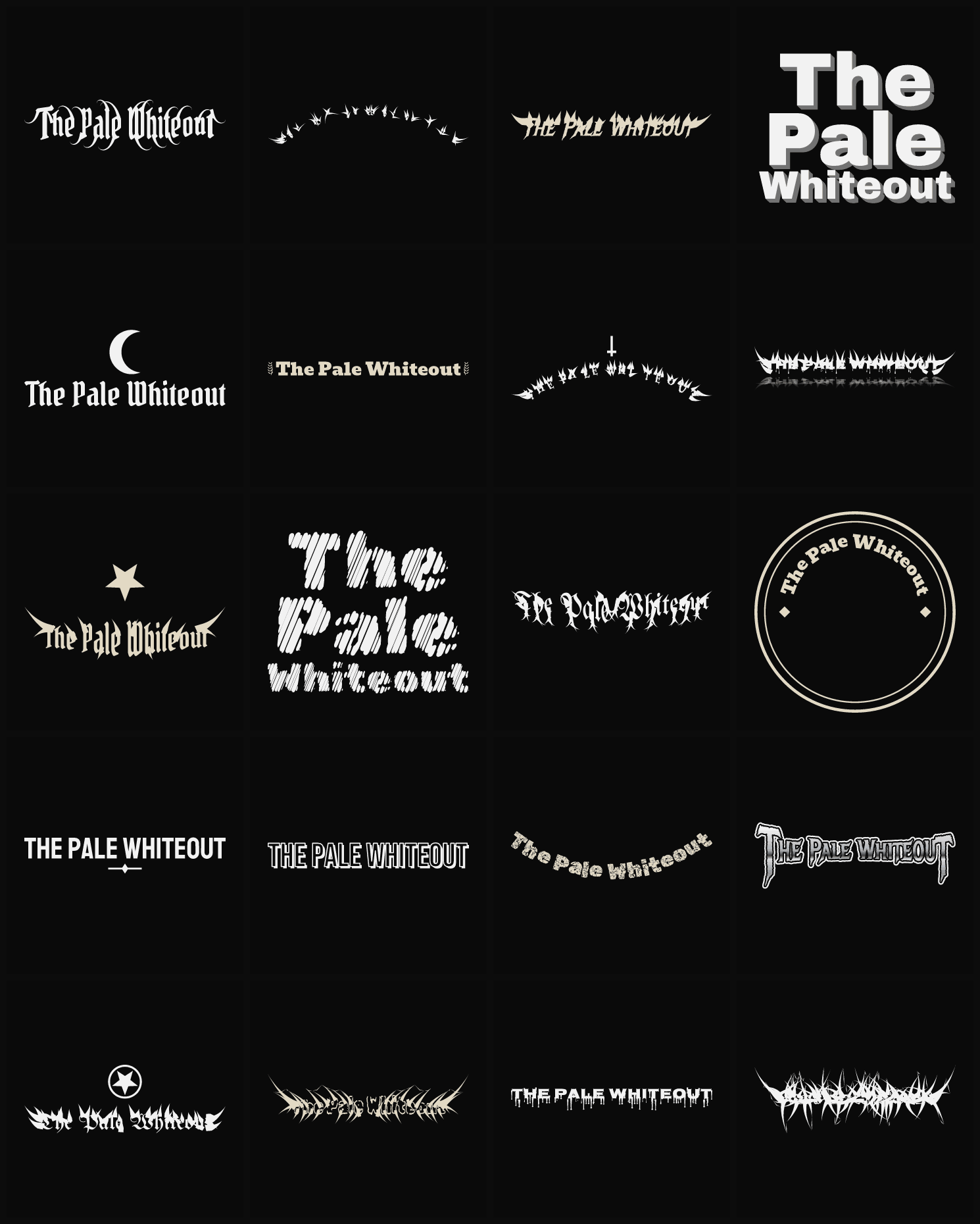 Twenty The Pale Whiteout band logo ideas — different faces, treatments and spike settings