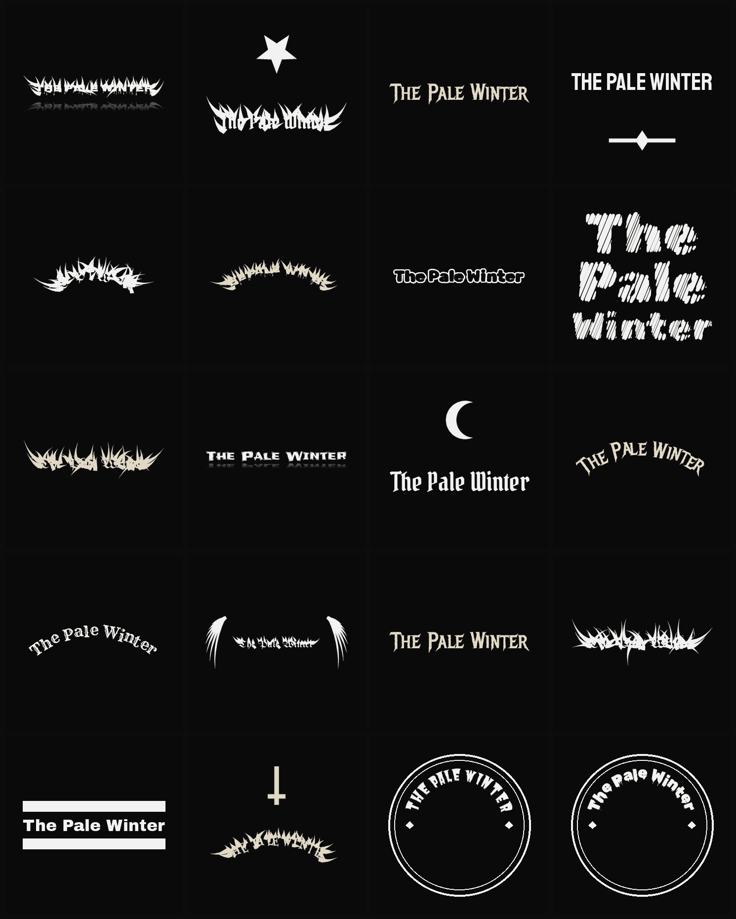 Twenty The Pale Winter band logo ideas — different faces, treatments and spike settings