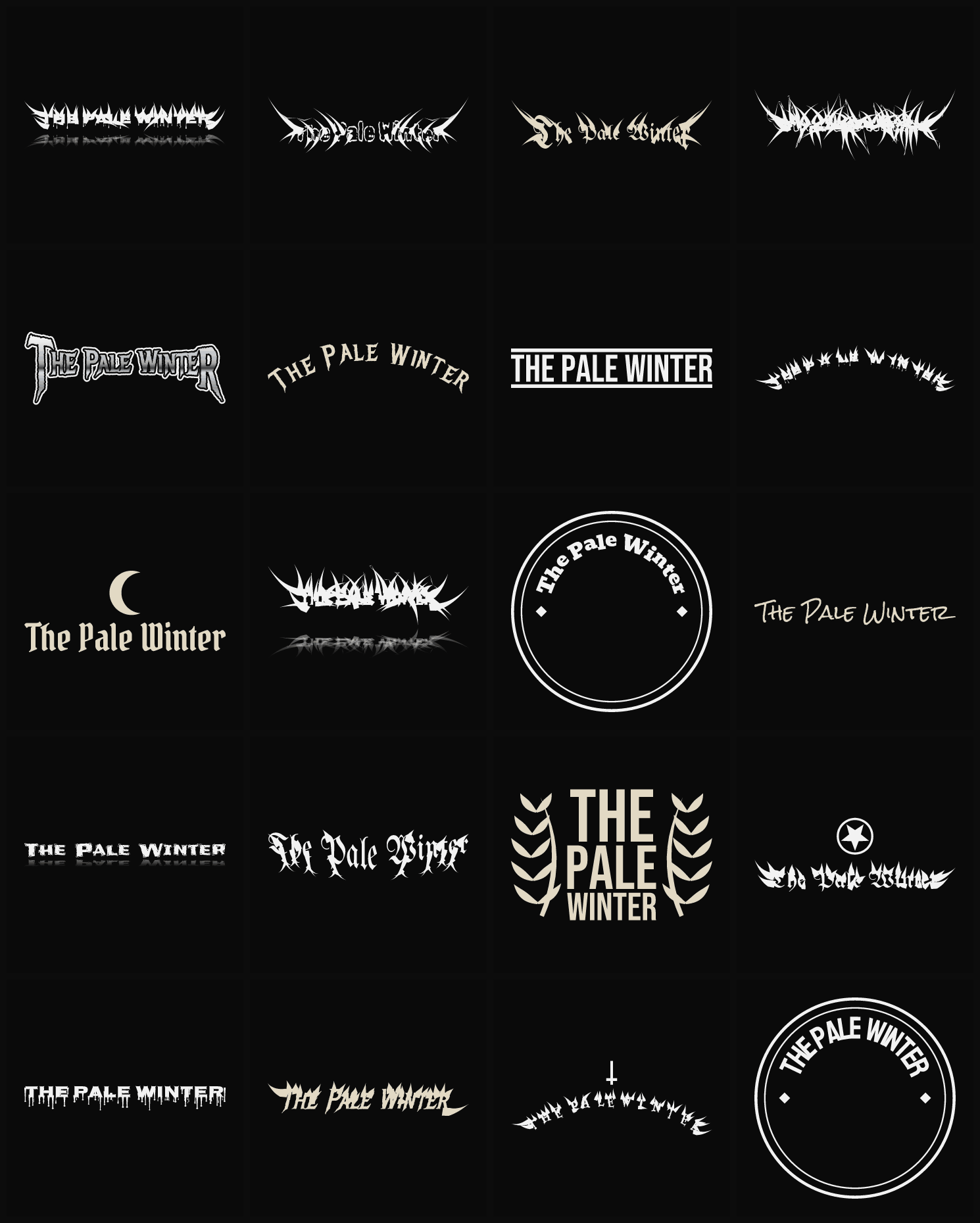 Twenty The Pale Winter band logo ideas — different faces, treatments and spike settings