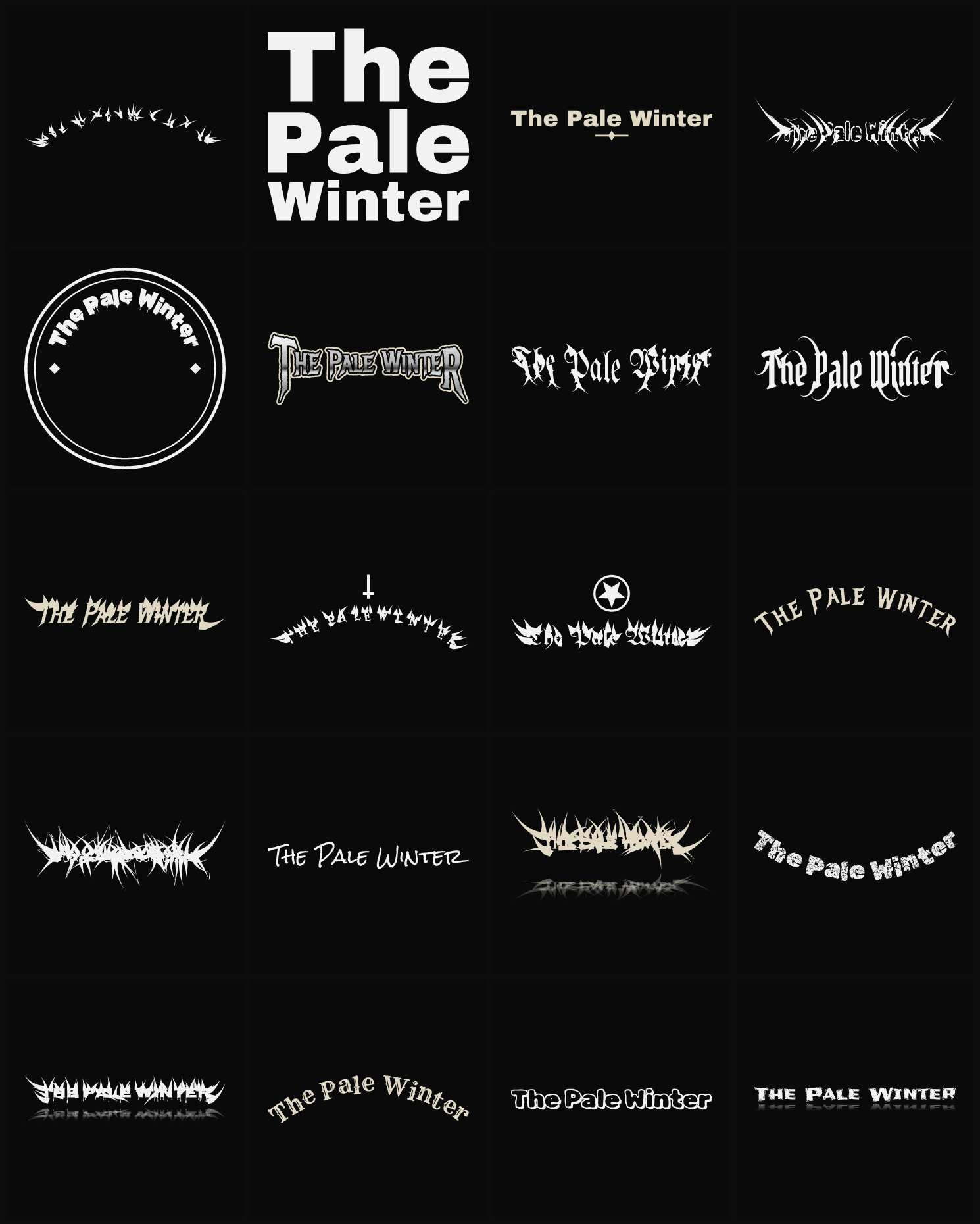 Twenty The Pale Winter band logo ideas — different faces, treatments and spike settings