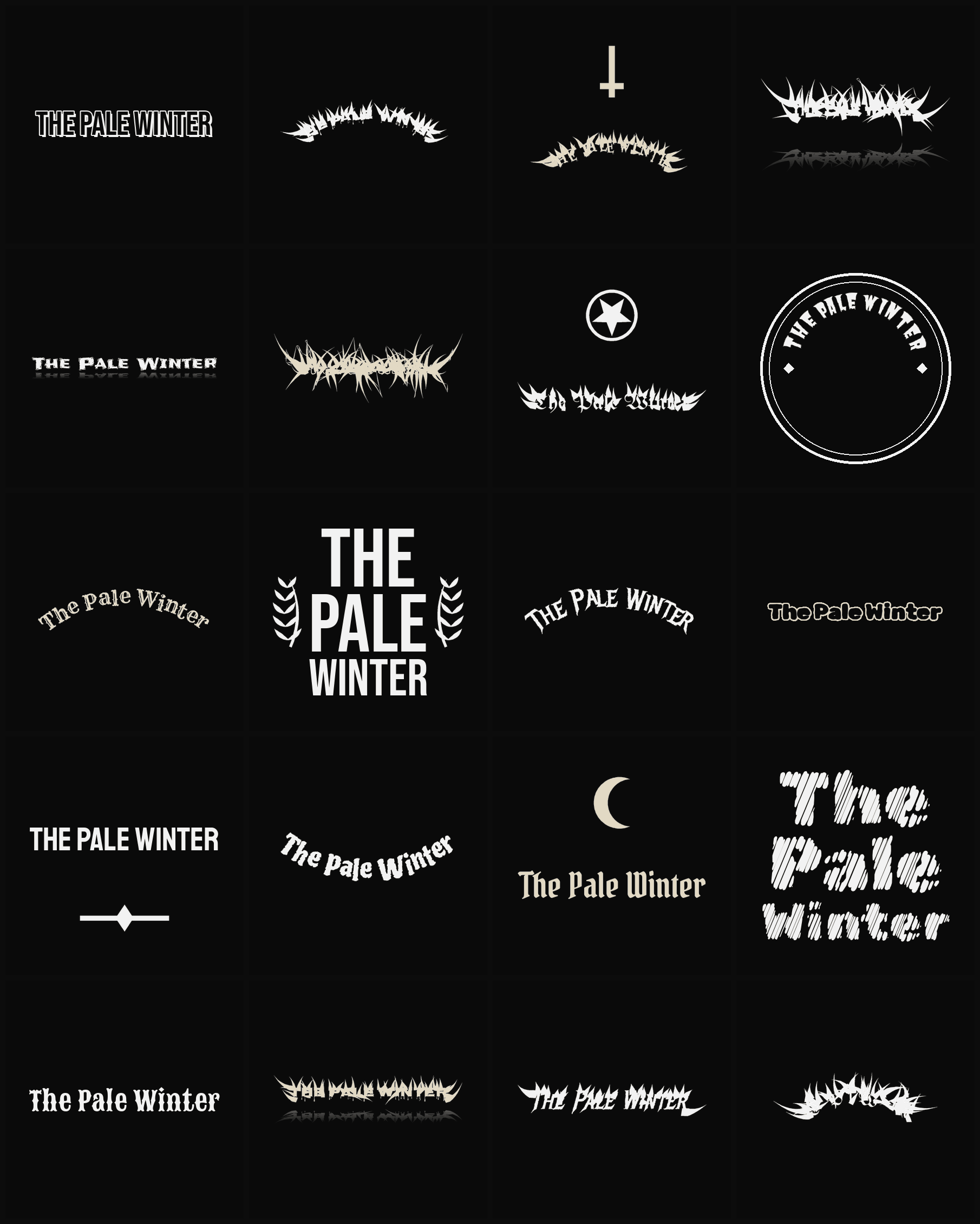 Twenty The Pale Winter band logo ideas — different faces, treatments and spike settings