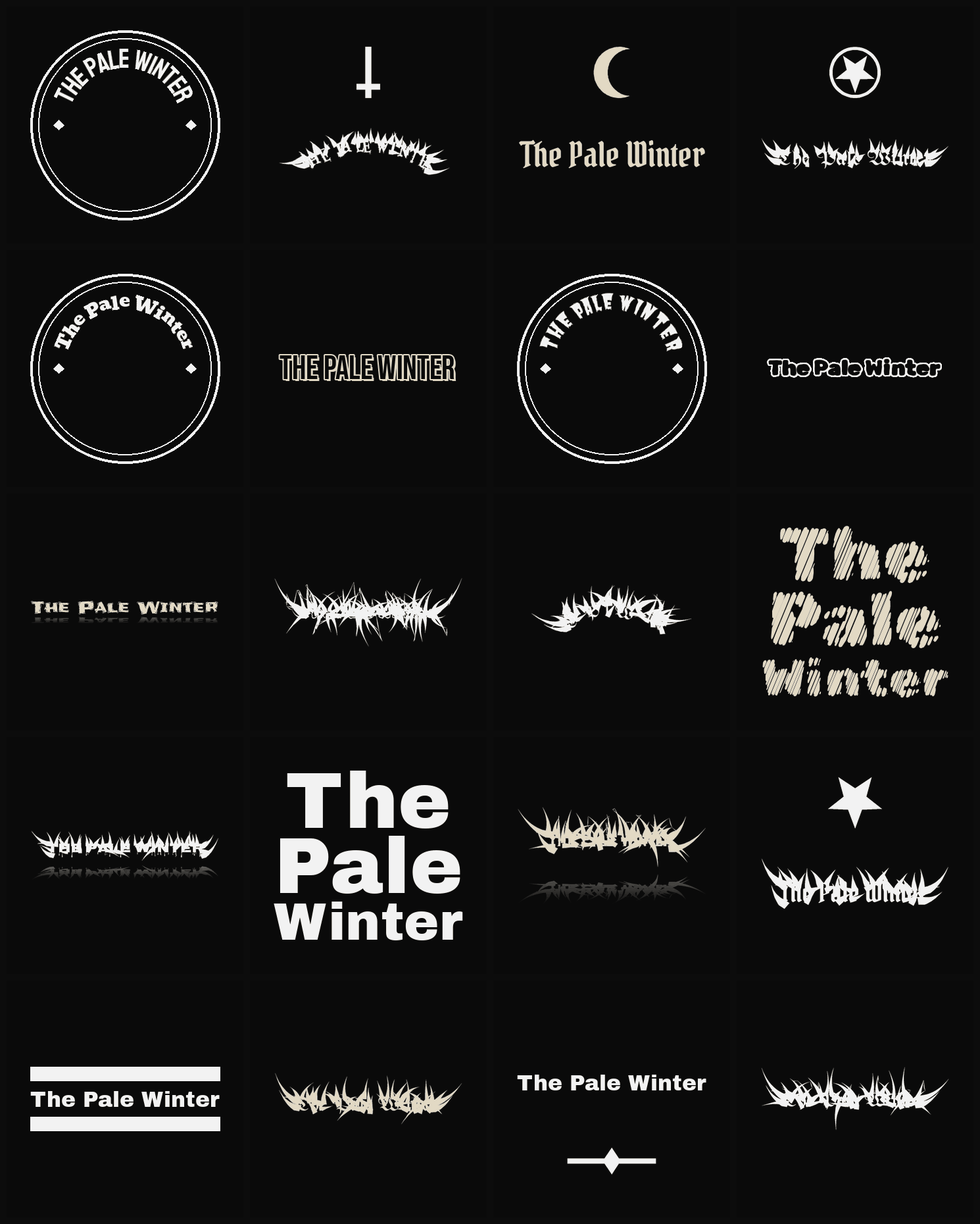 Twenty The Pale Winter band logo ideas — different faces, treatments and spike settings
