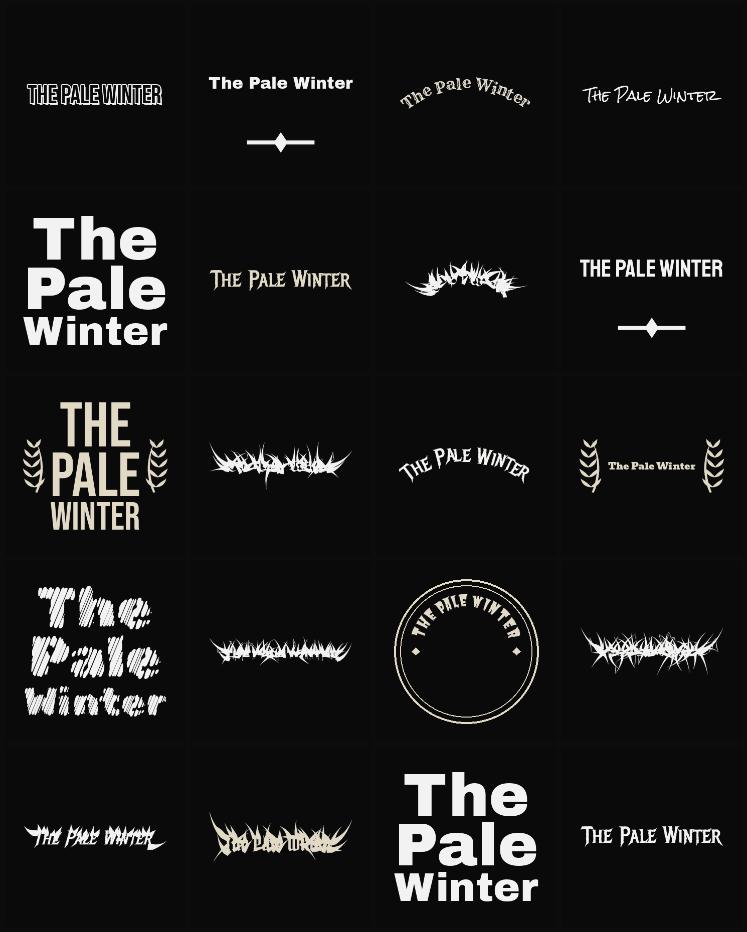 Twenty The Pale Winter band logo ideas — different faces, treatments and spike settings