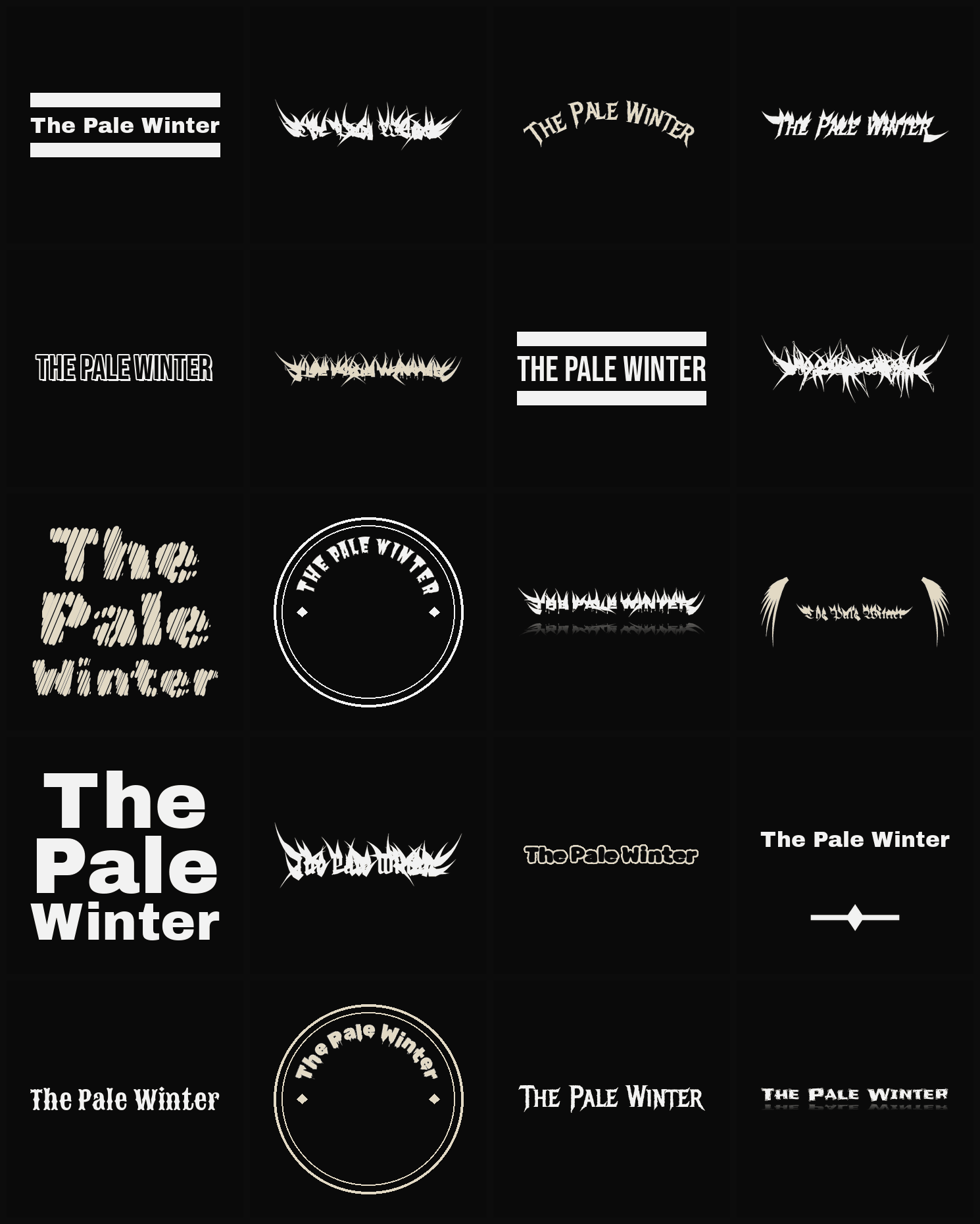 Twenty The Pale Winter band logo ideas — different faces, treatments and spike settings