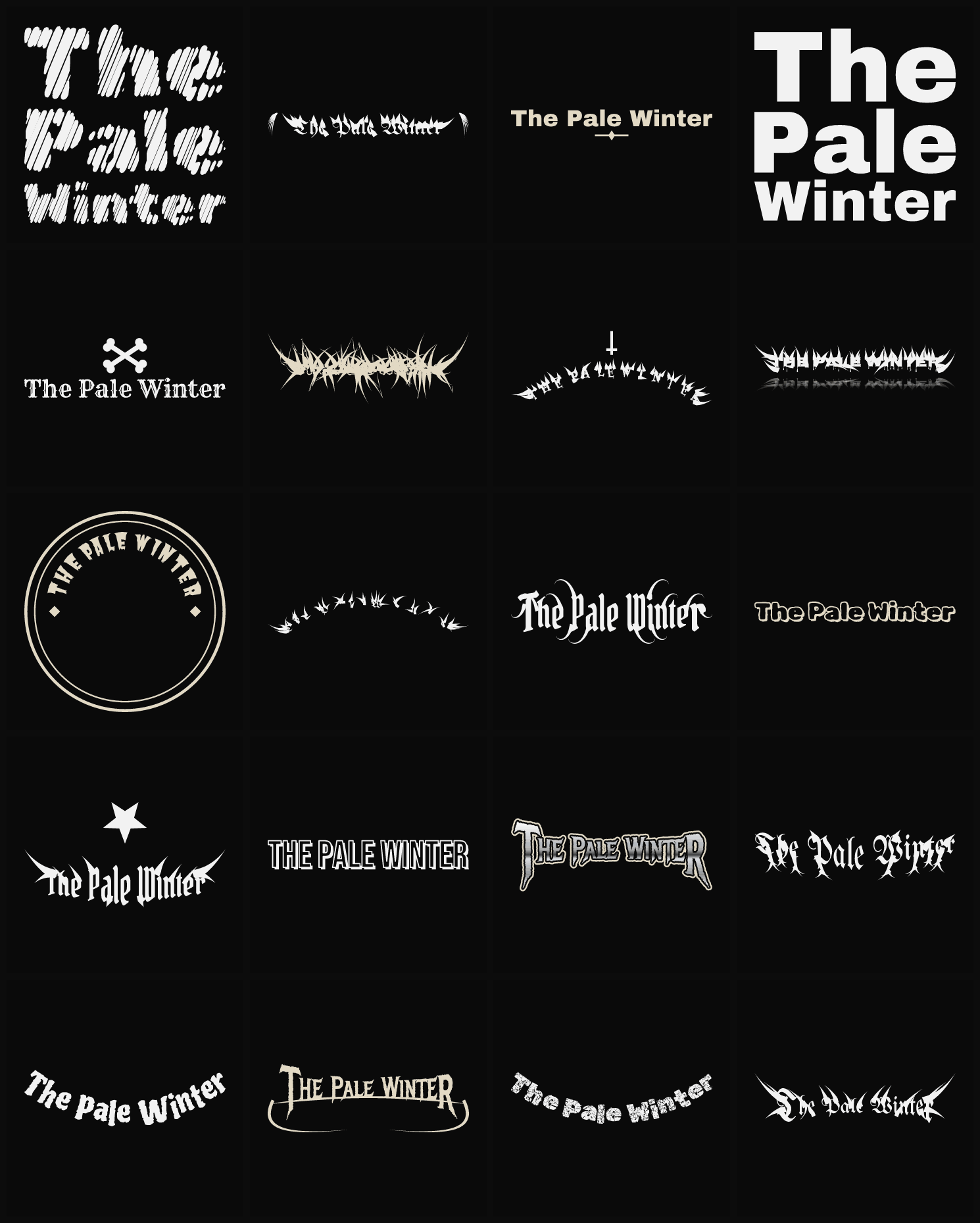 Twenty The Pale Winter band logo ideas — different faces, treatments and spike settings