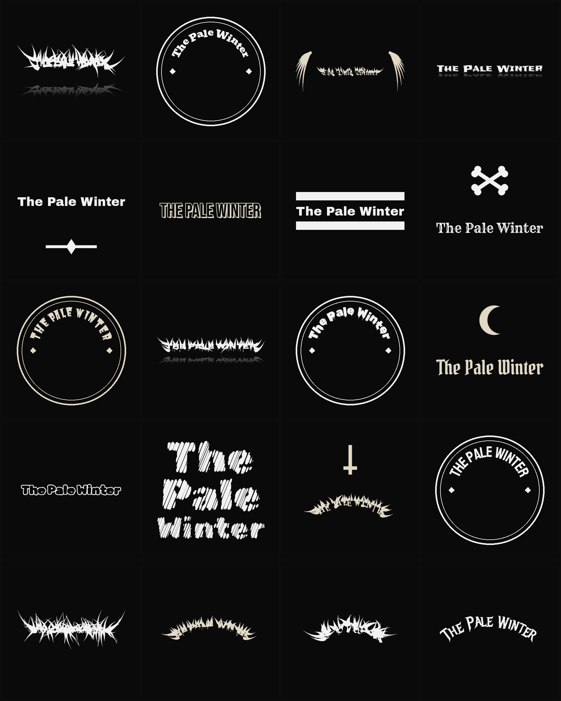 Twenty The Pale Winter band logo ideas — different faces, treatments and spike settings