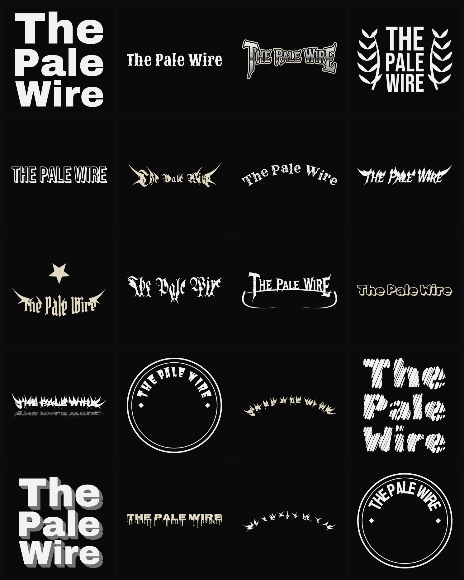 Twenty The Pale Wire band logo ideas — different faces, treatments and spike settings