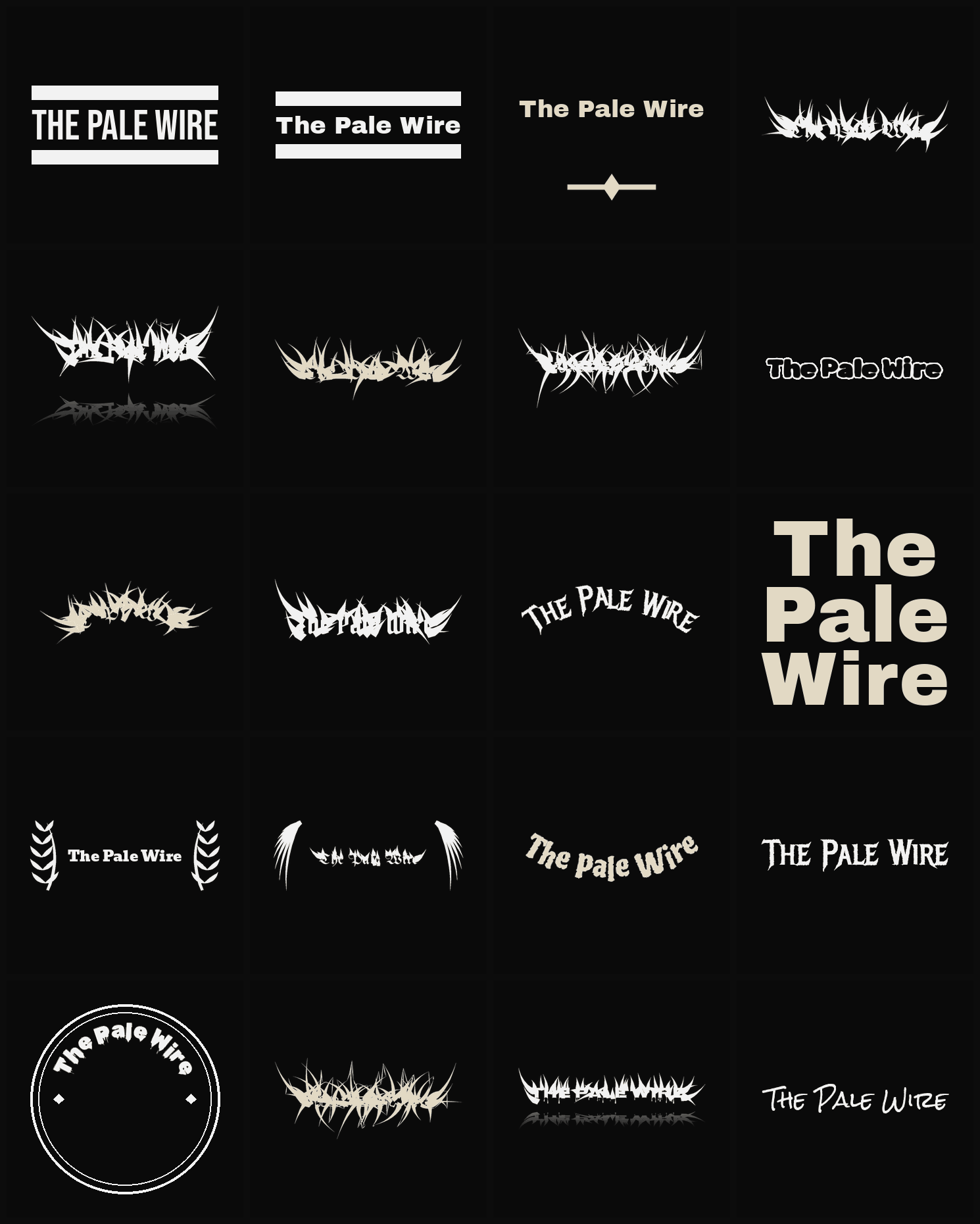 Twenty The Pale Wire band logo ideas — different faces, treatments and spike settings