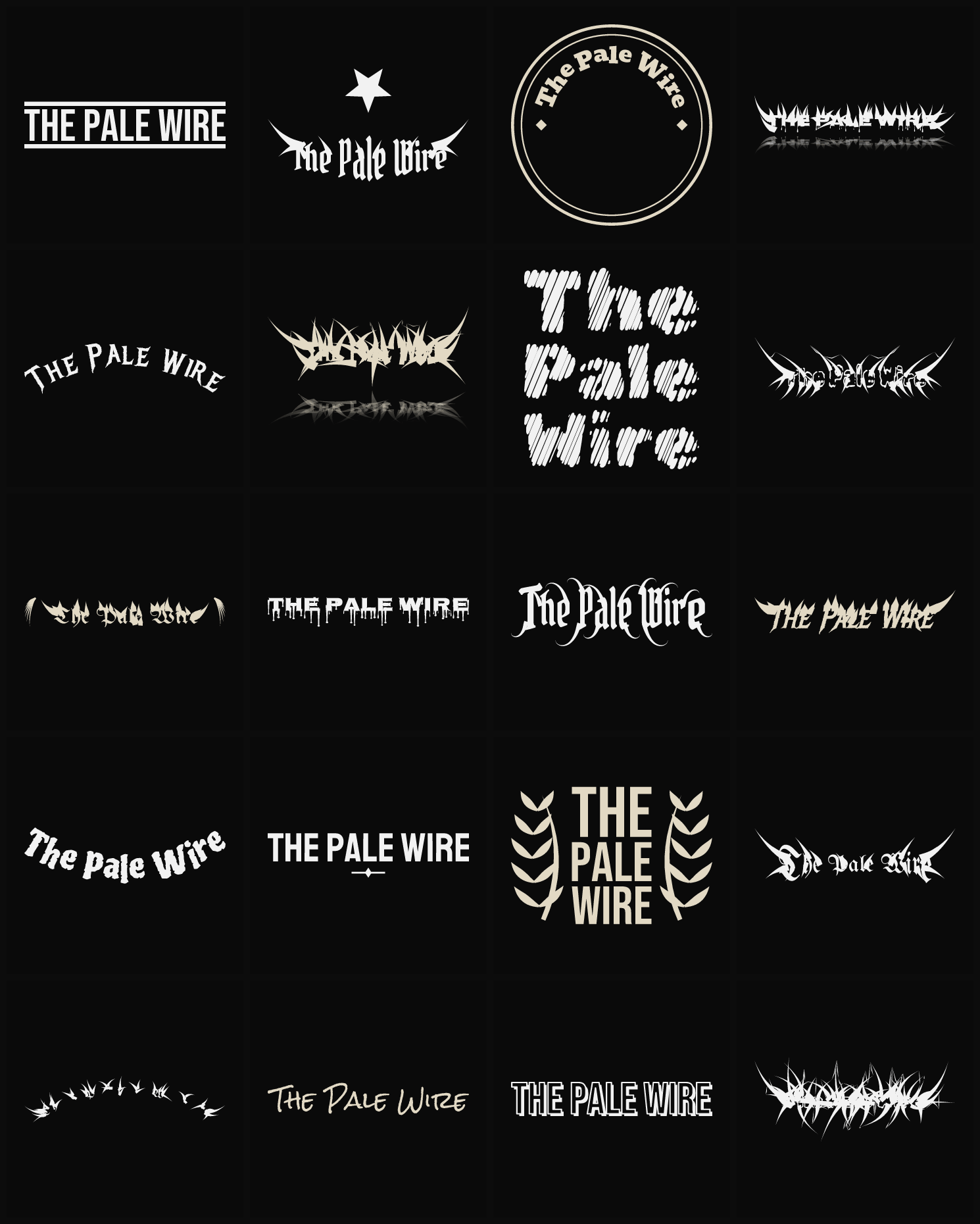 Twenty The Pale Wire band logo ideas — different faces, treatments and spike settings