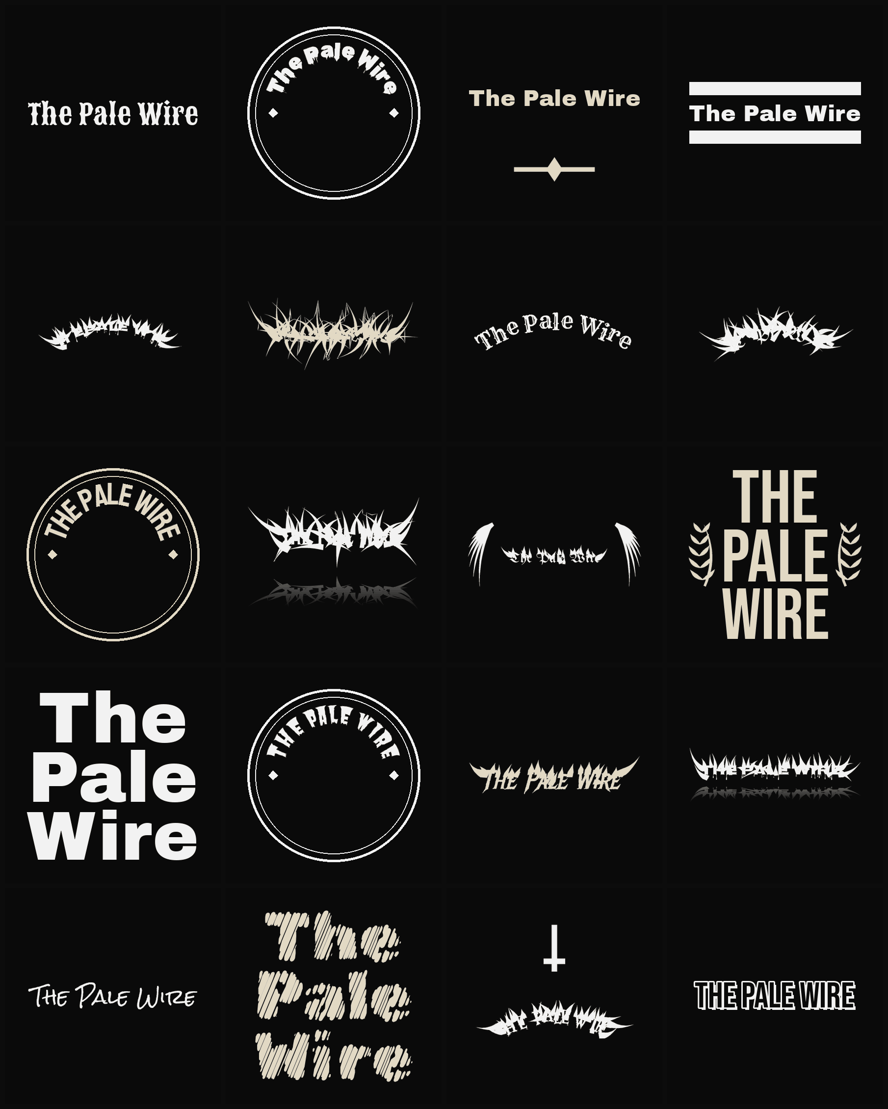 Twenty The Pale Wire band logo ideas — different faces, treatments and spike settings