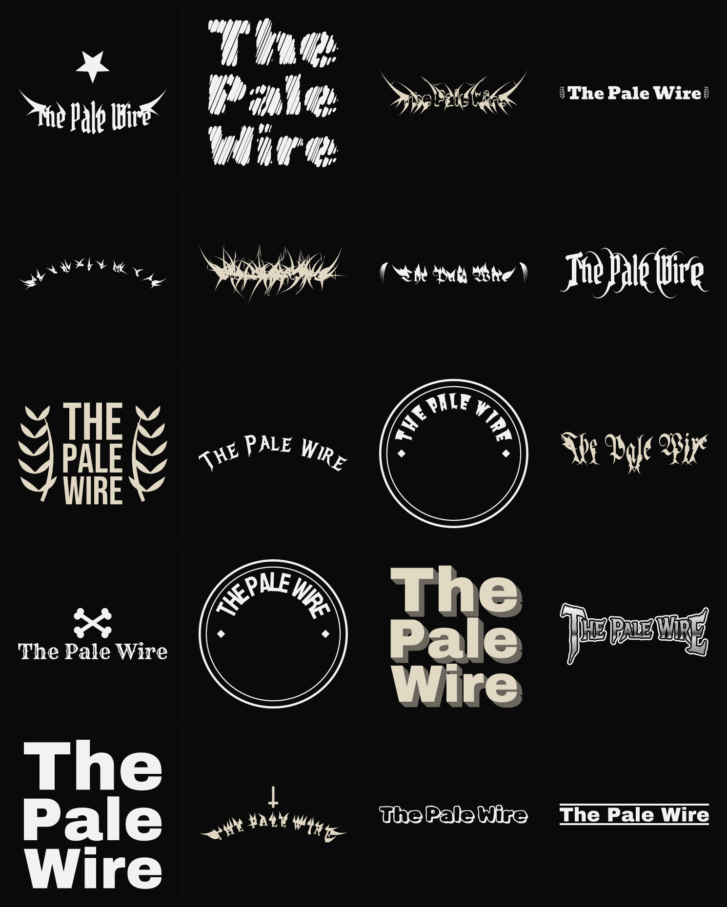 Twenty The Pale Wire band logo ideas — different faces, treatments and spike settings