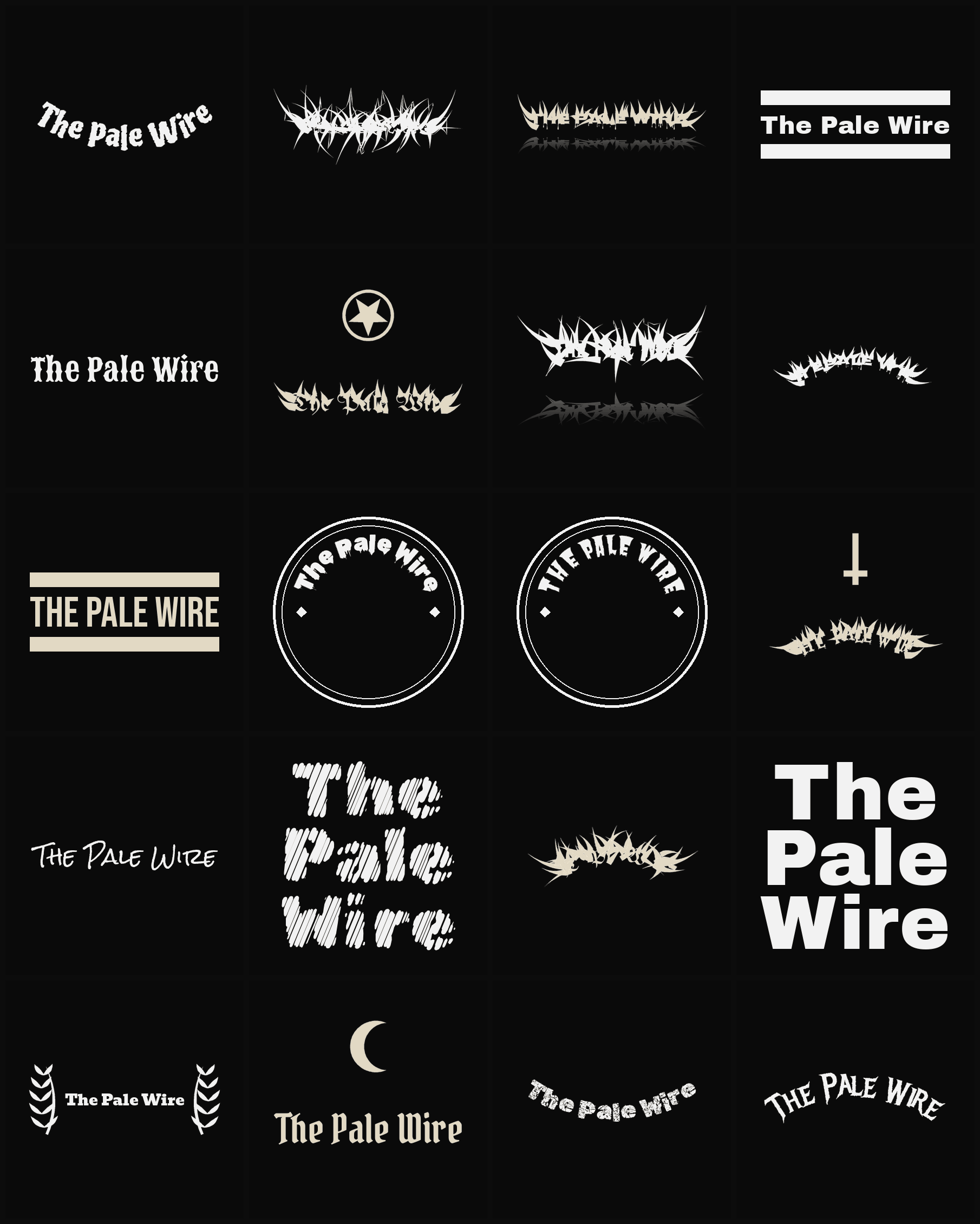 Twenty The Pale Wire band logo ideas — different faces, treatments and spike settings