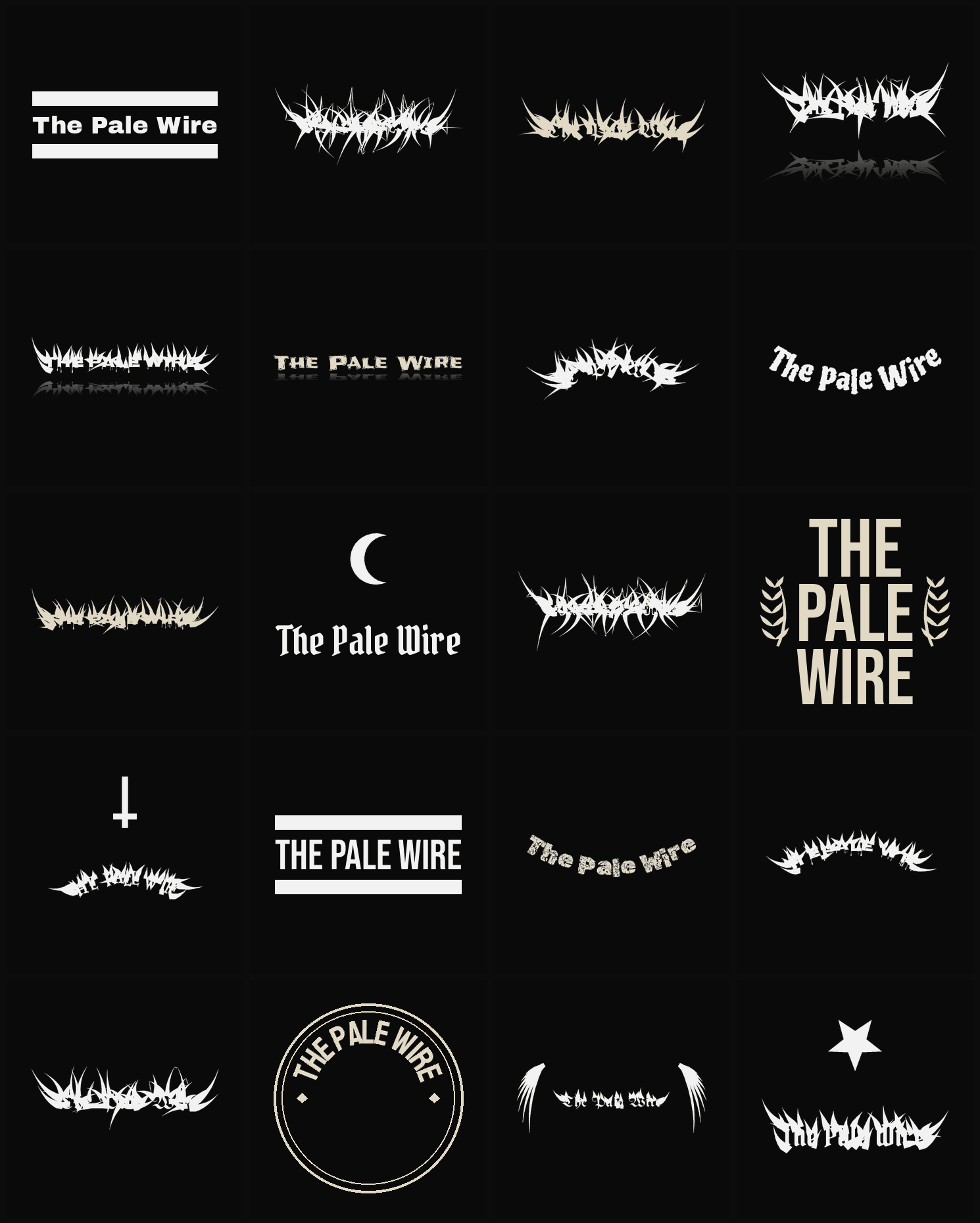 Twenty The Pale Wire band logo ideas — different faces, treatments and spike settings