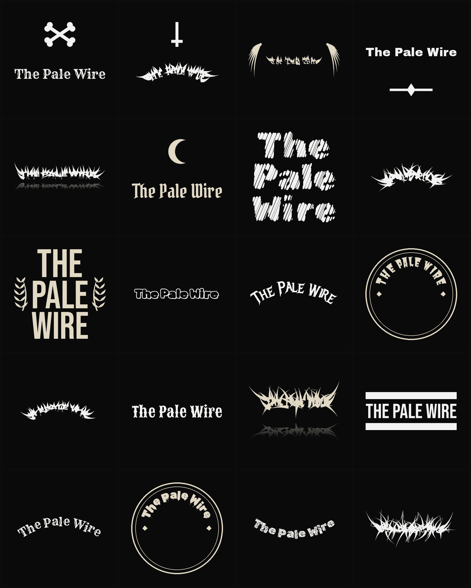 Twenty The Pale Wire band logo ideas — different faces, treatments and spike settings