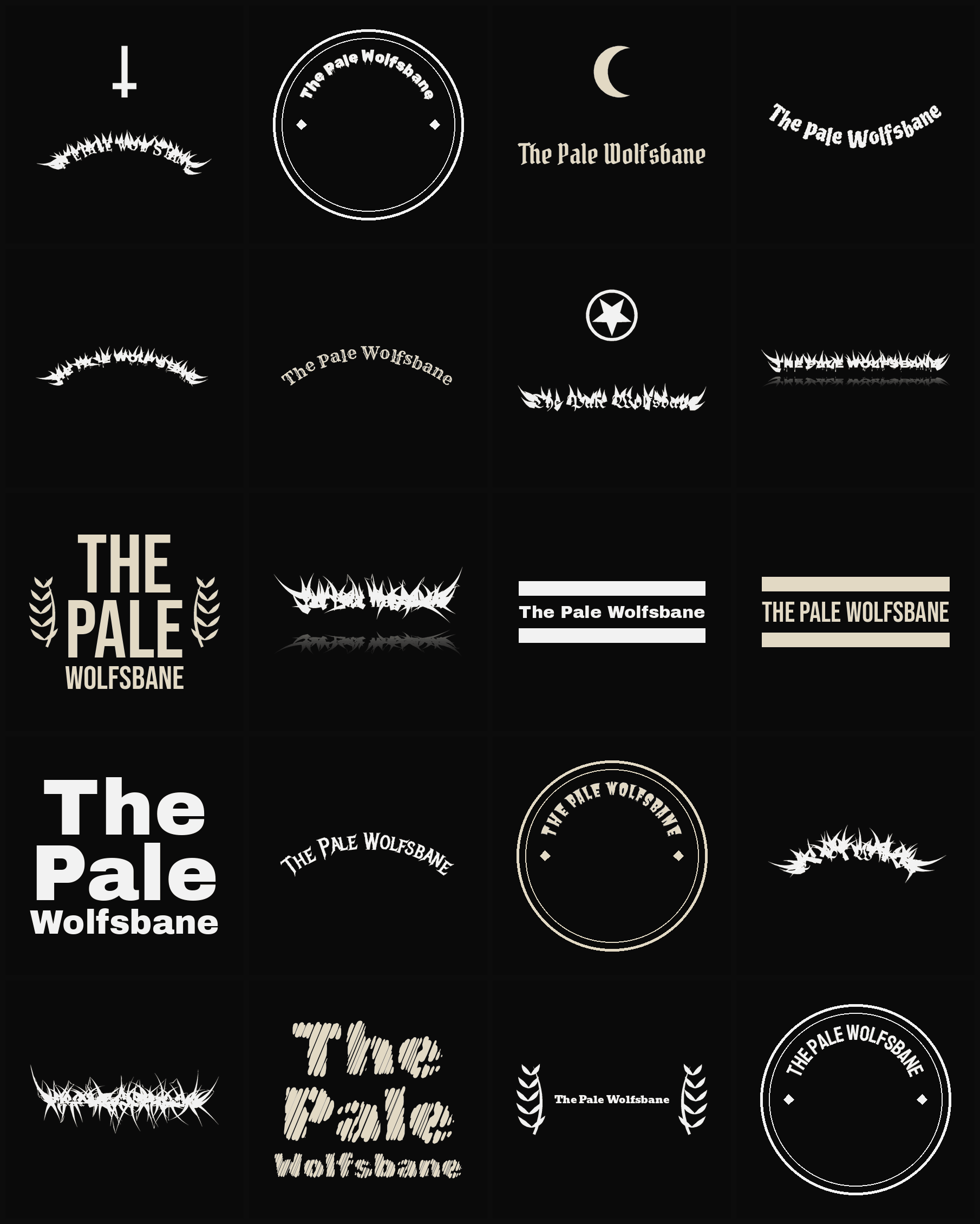 Twenty The Pale Wolfsbane band logo ideas — different faces, treatments and spike settings