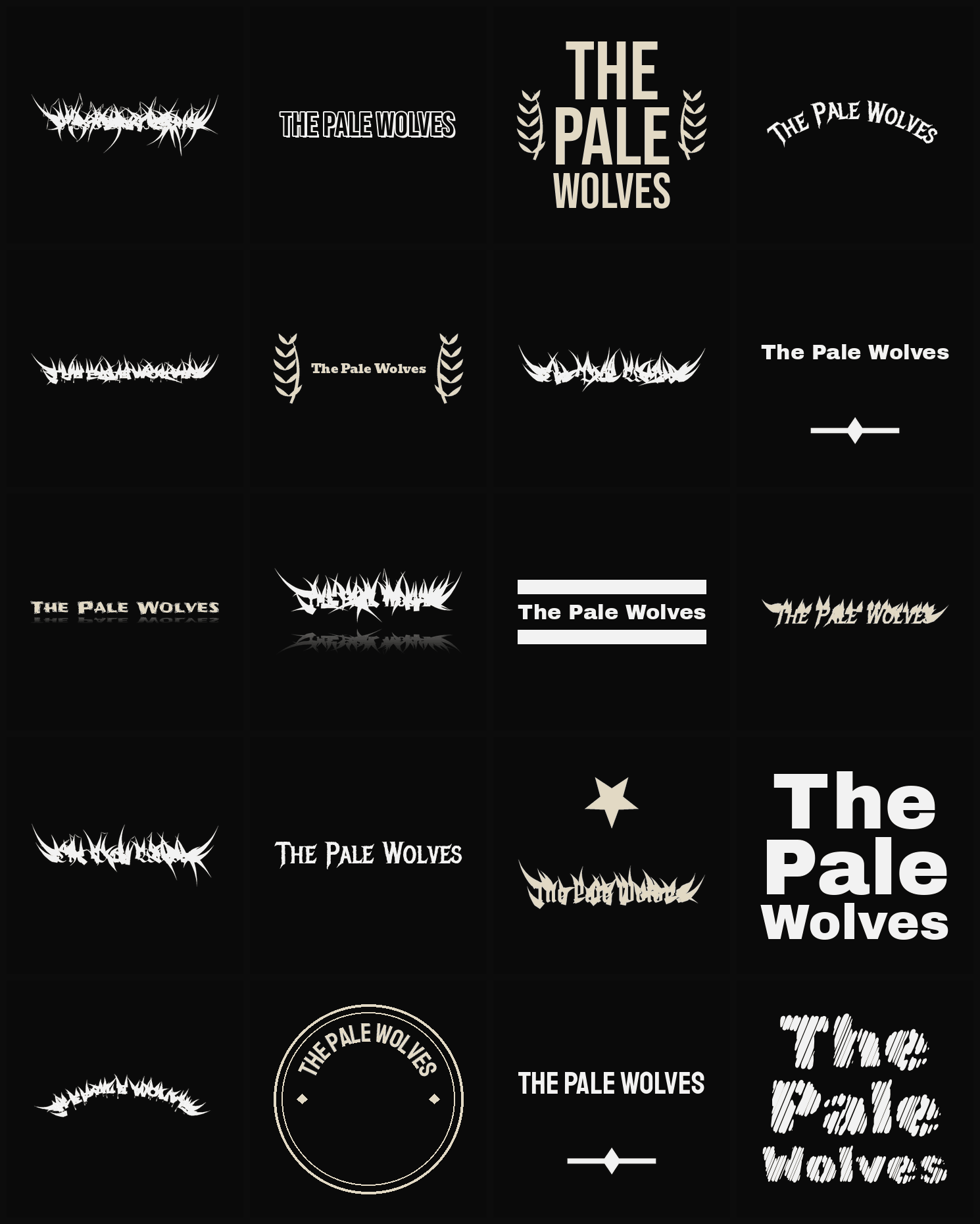 Twenty The Pale Wolves band logo ideas — different faces, treatments and spike settings