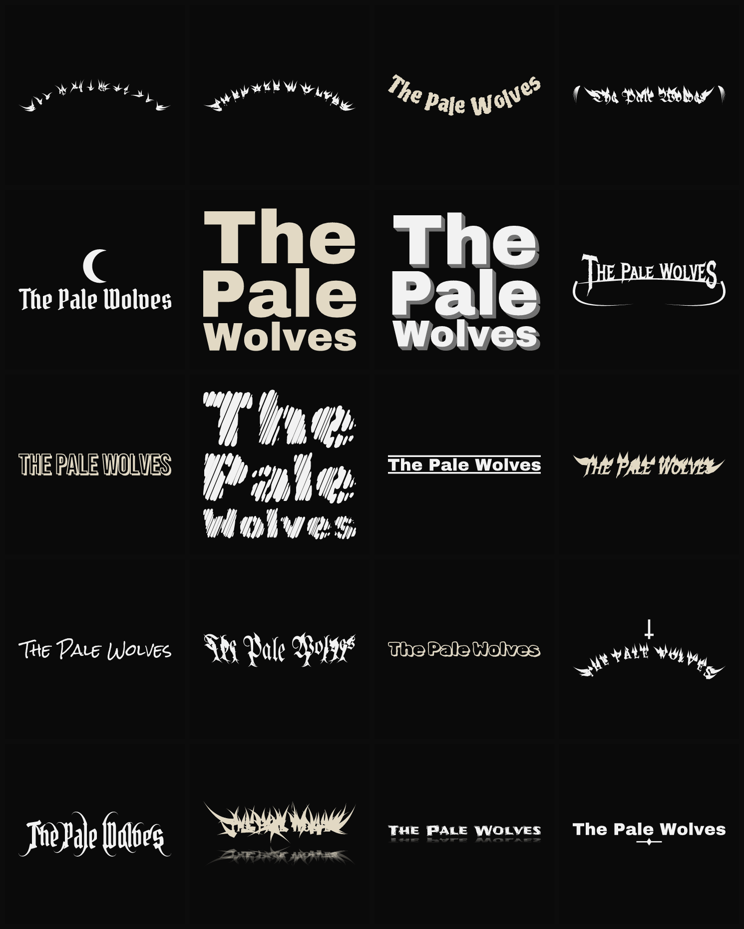 Twenty The Pale Wolves band logo ideas — different faces, treatments and spike settings