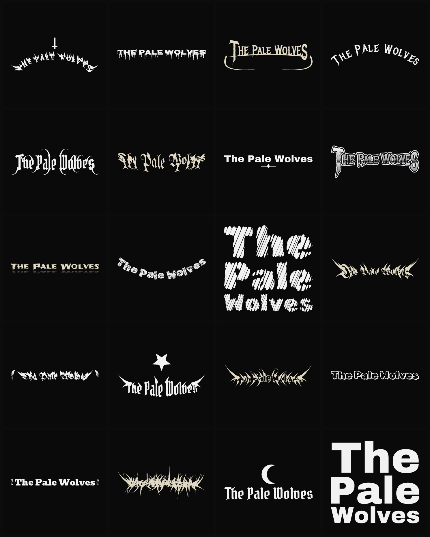 Twenty The Pale Wolves band logo ideas — different faces, treatments and spike settings