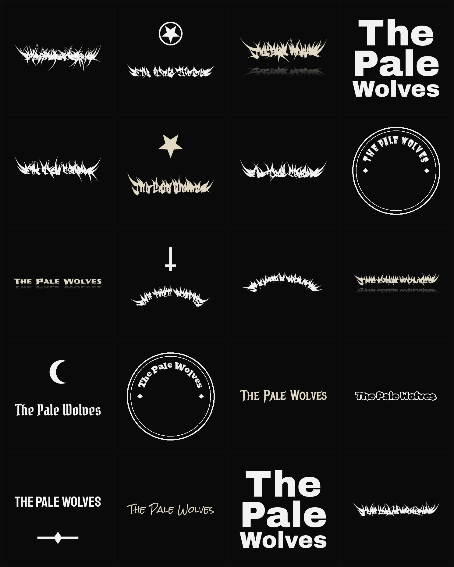 Twenty The Pale Wolves band logo ideas — different faces, treatments and spike settings