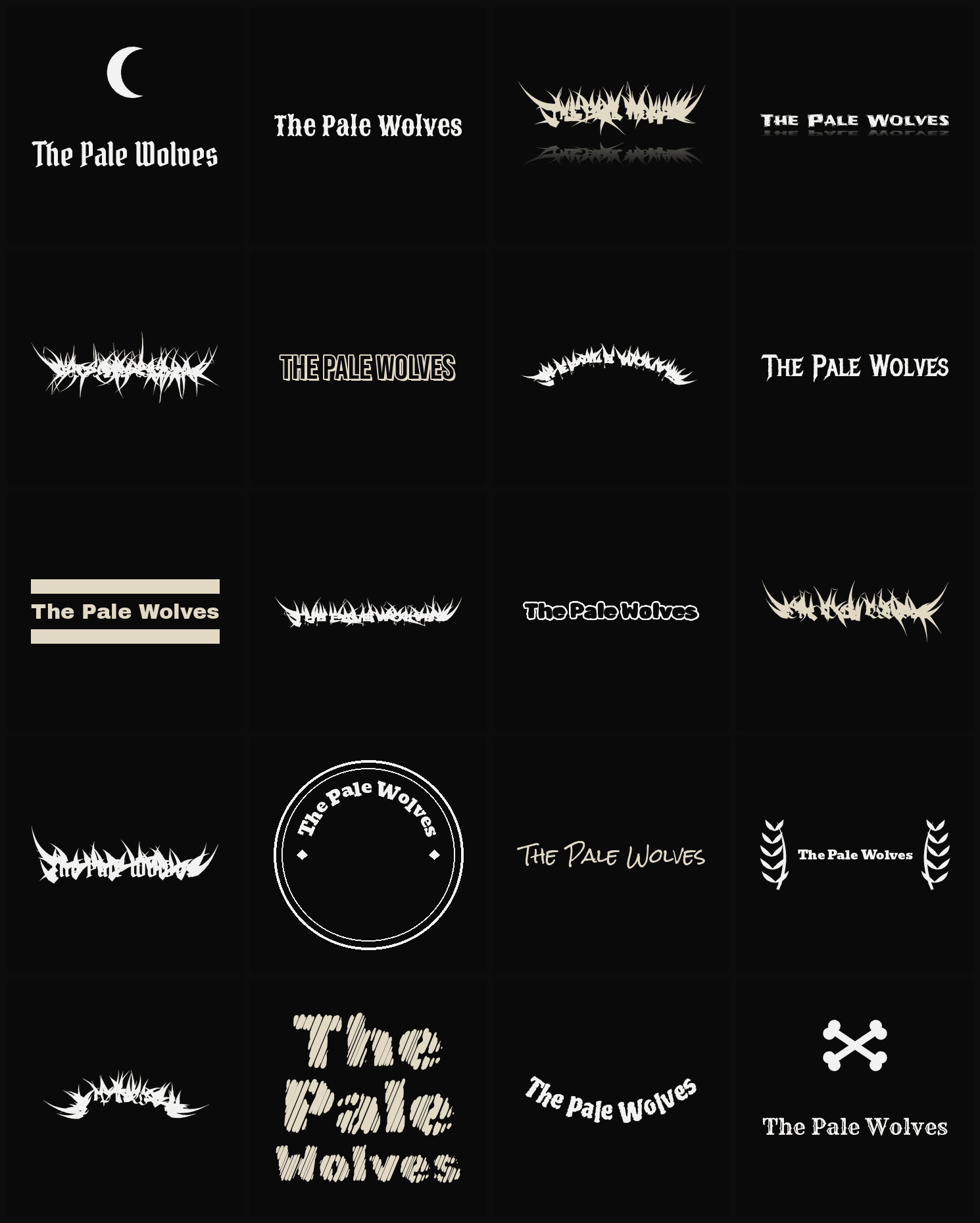 Twenty The Pale Wolves band logo ideas — different faces, treatments and spike settings
