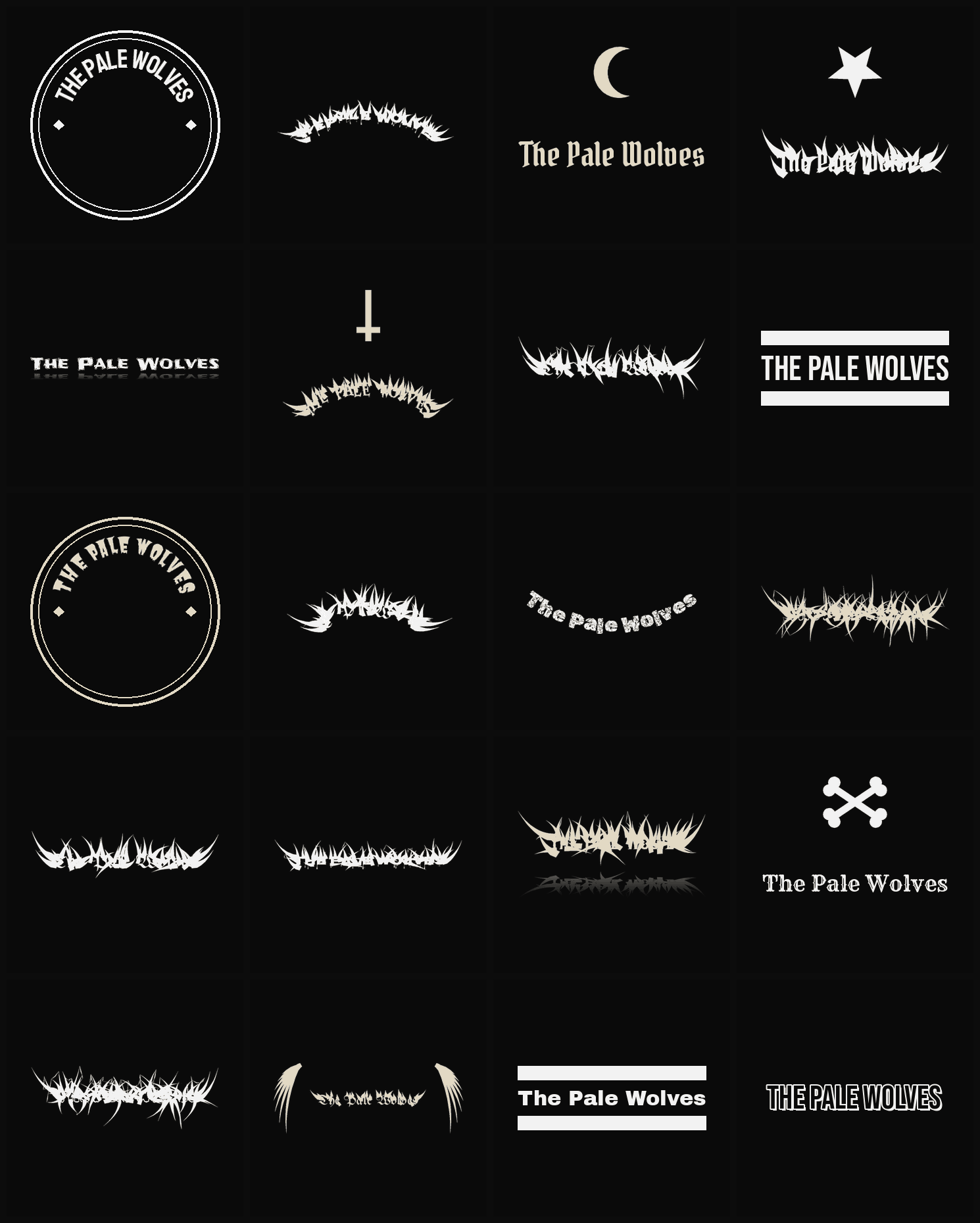 Twenty The Pale Wolves band logo ideas — different faces, treatments and spike settings