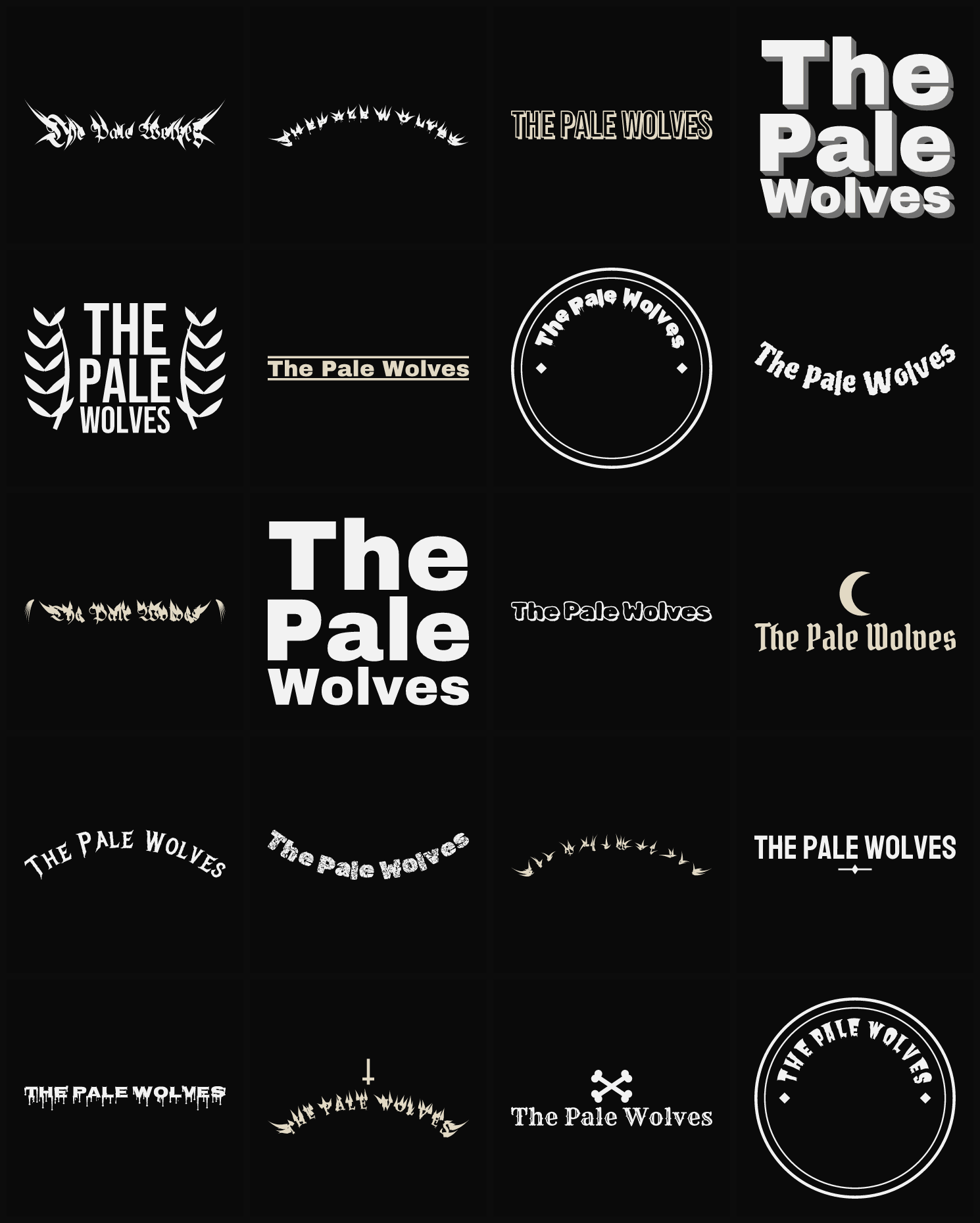 Twenty The Pale Wolves band logo ideas — different faces, treatments and spike settings