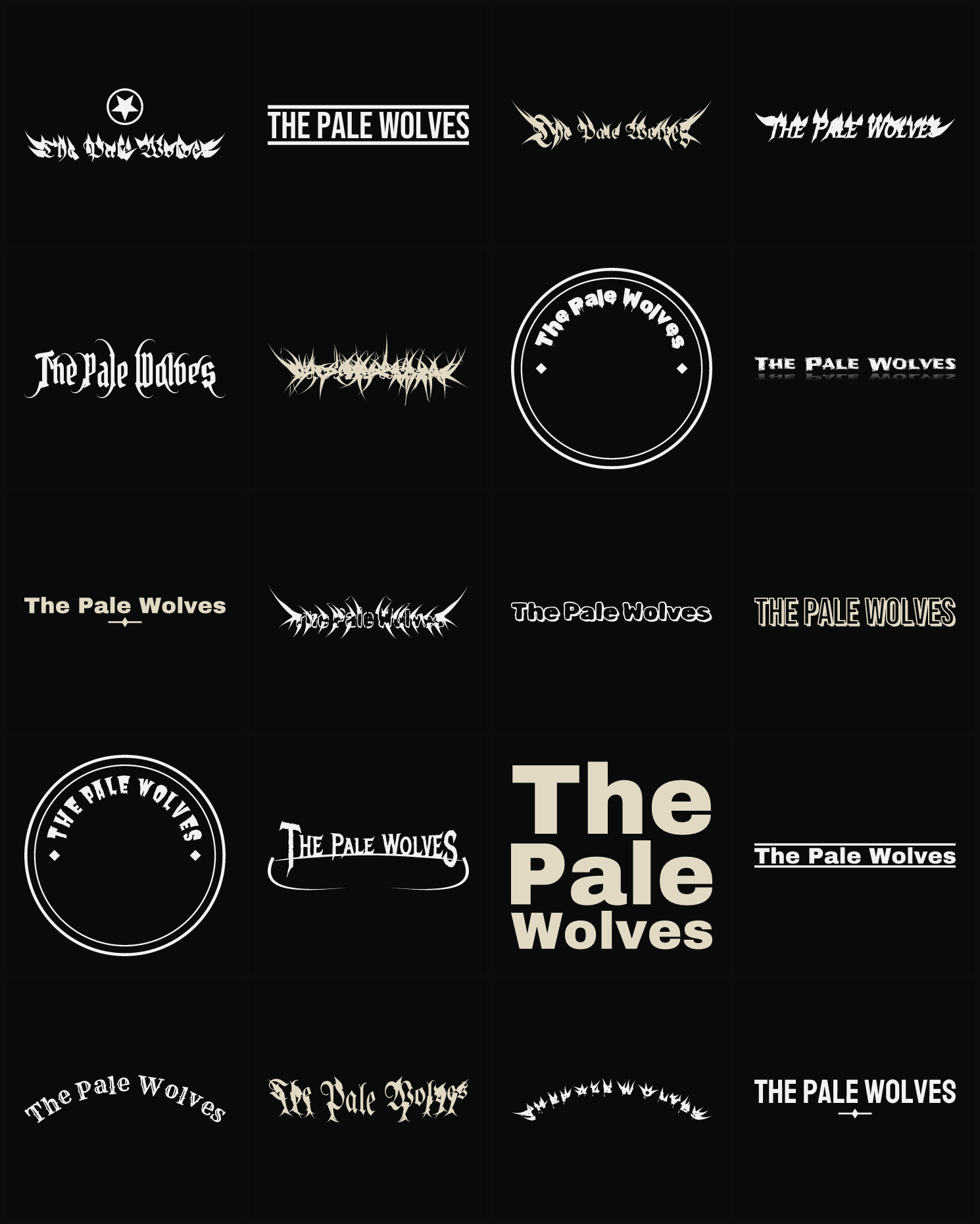 Twenty The Pale Wolves band logo ideas — different faces, treatments and spike settings